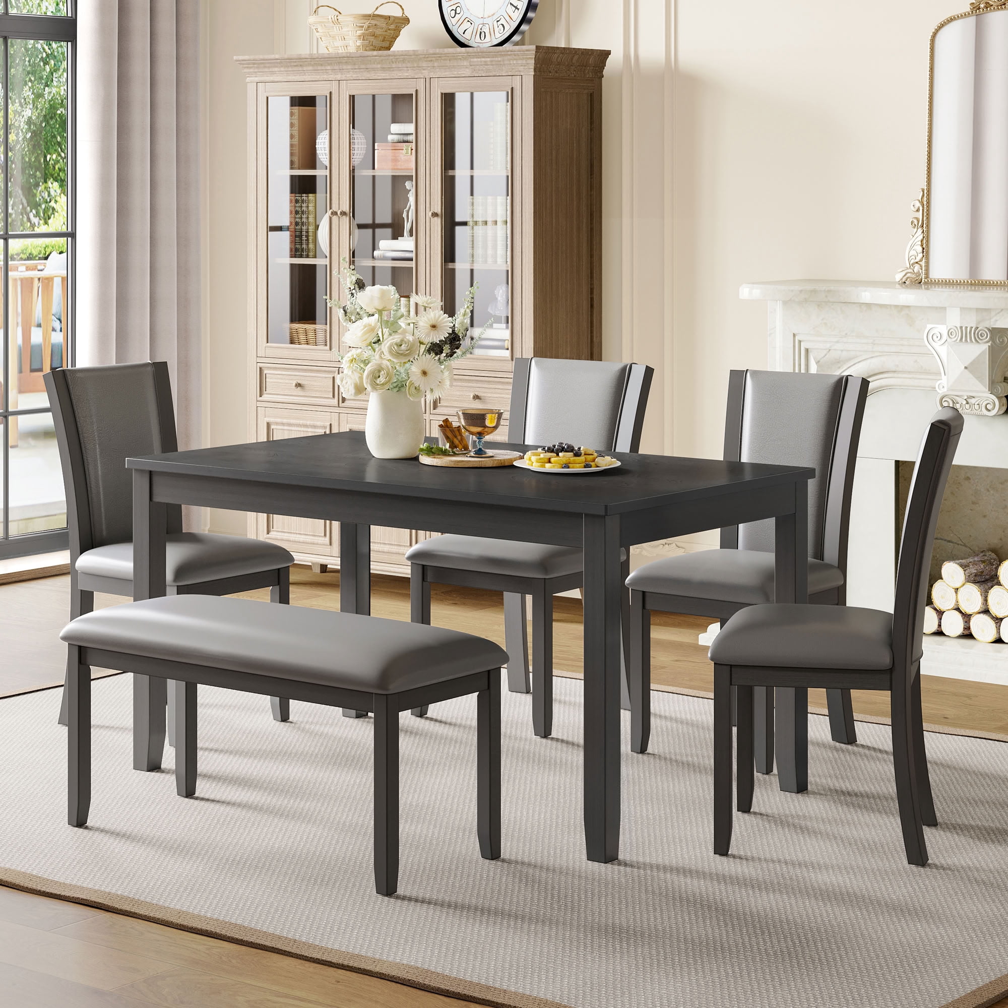 MAYEERTY 6-Piece Dining Table Set with Bench & Chairs, Modern Wooden Dining Set for 6-Person, for Dining Room Kitchen, Grey