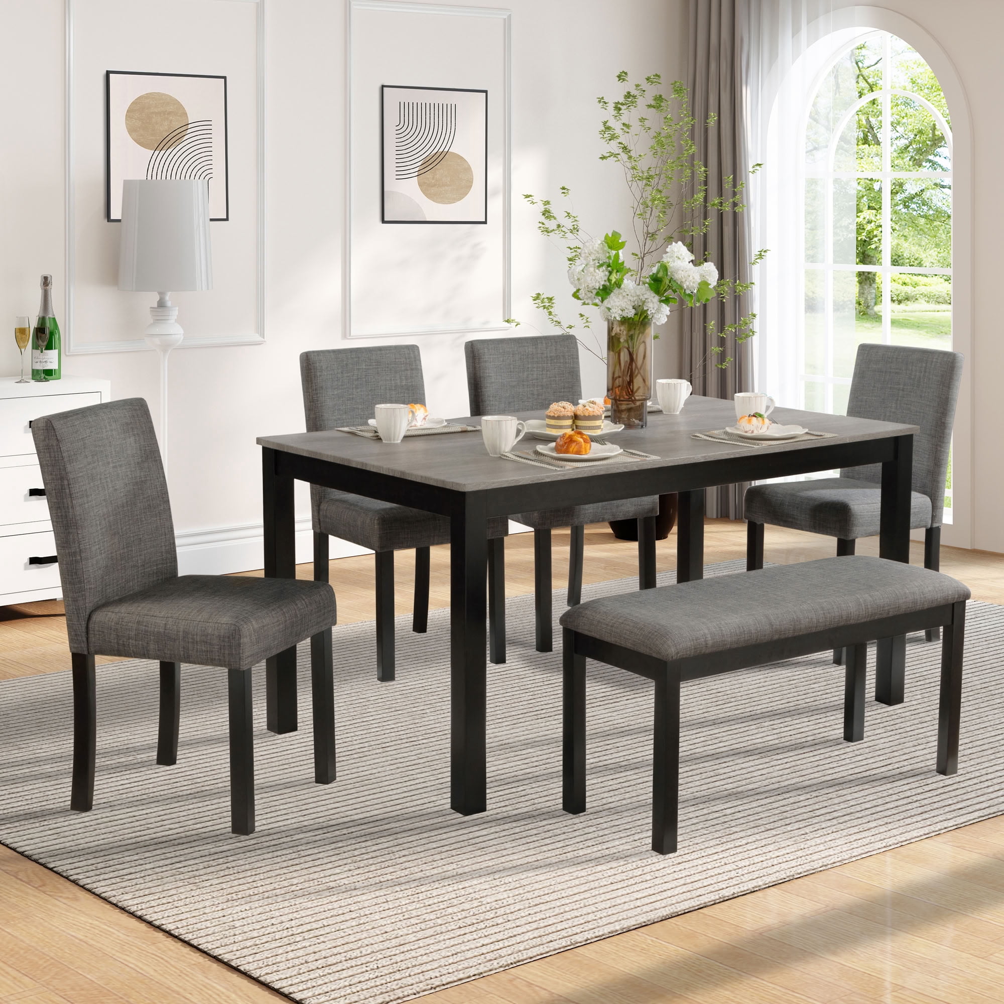 MAYEERTY 6-Piece Dining Table Set with Bench & Chairs, Wooden Upholstered Dining Set for 6, Modern Set for Kitchen Dining Room
