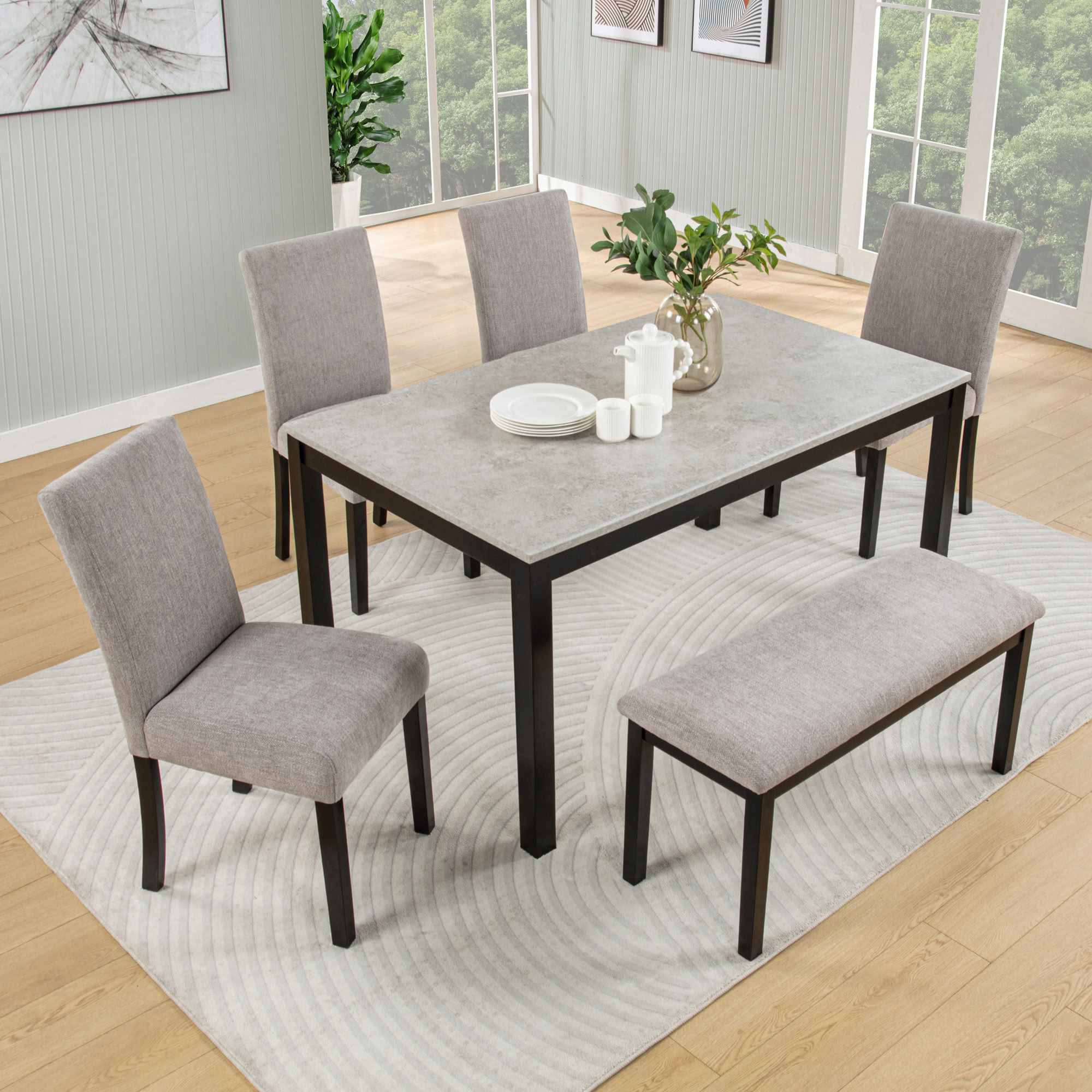 MAYEERTY 6-Piece Dining Table Set with Bench, for 4-6 Person Kitchen Dining Room Restaurant, Grey & Black