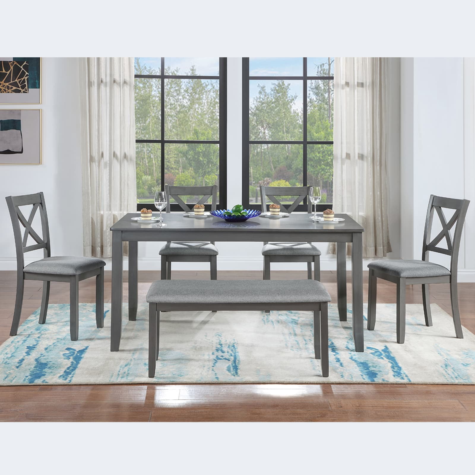 MAYEERTY 6-Piece Kitchen Dining Set Gray Rectangular Wooden Table 4 Upholstered Chairs Bench for 6 People