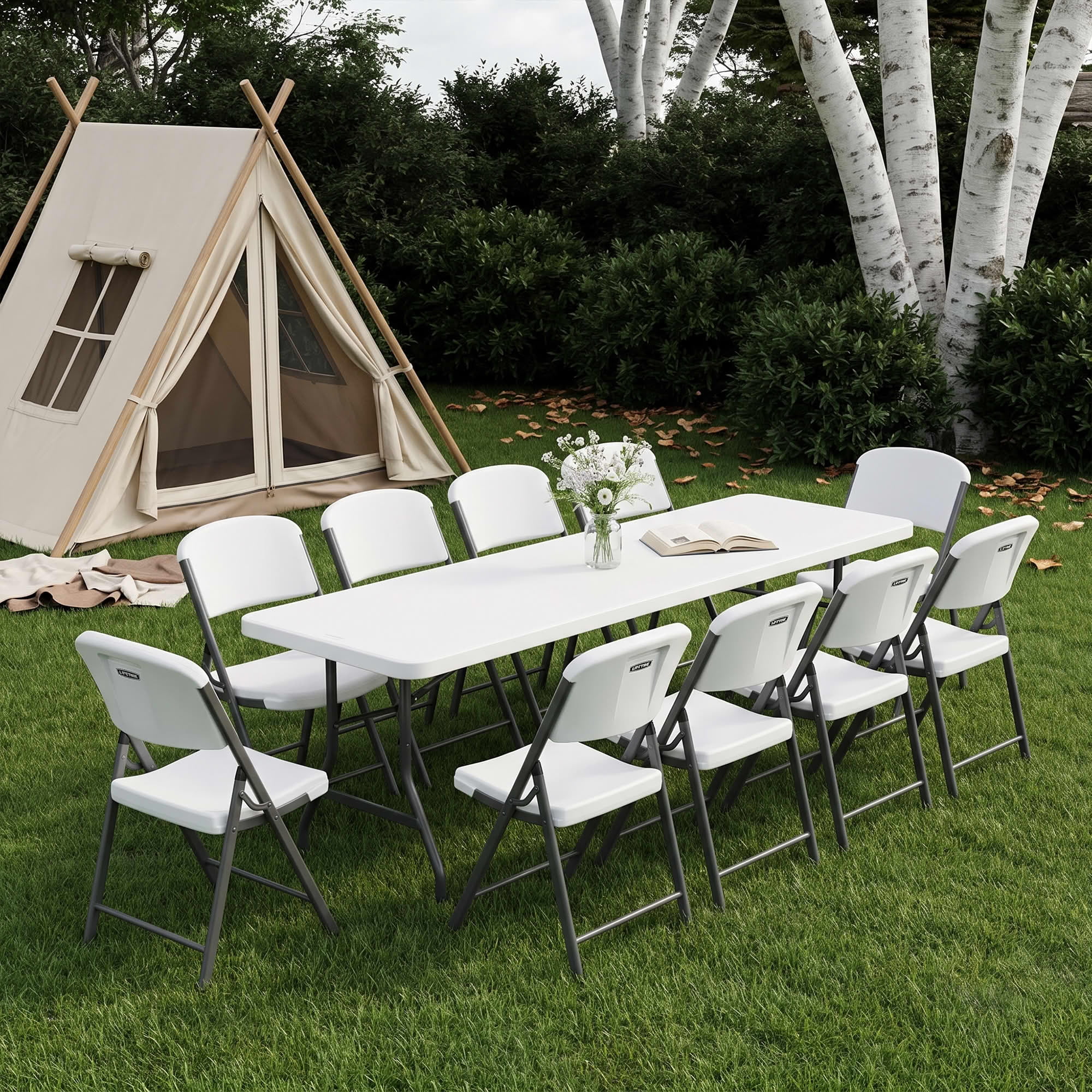 MAYEERTY 8FT White HDPE Non-Fold Top Folding Leg Table, Powder Coated Steel Frame UV Water Resistant Indoor Outdoor Table