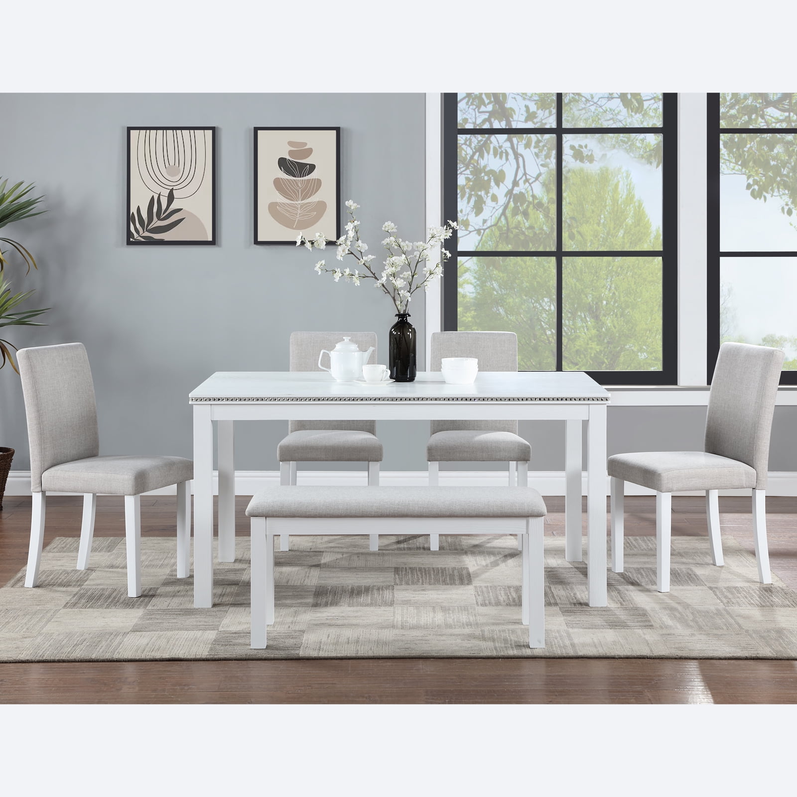 MAYEERTY 6 Piece Wooden Dining Table Set, Wooden Dining Table with 4 Upholstered Chairs and Bench for 6 People, Rectangular Dining Table Set with Crystal Decoration for Kitchen, Dining Room, White