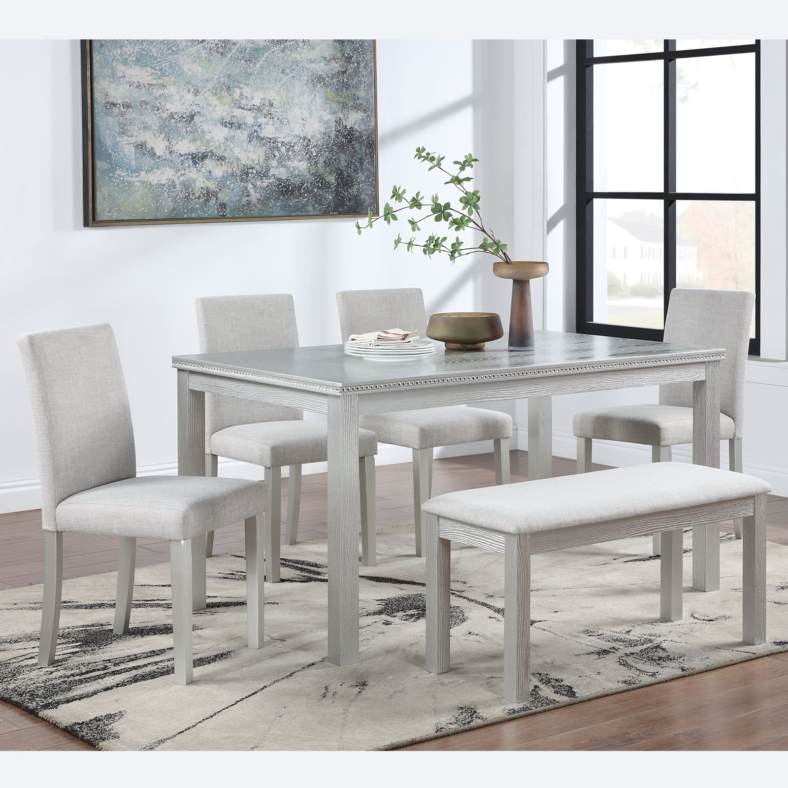 MAYEERTY 6 Piece Wooden Dining Table Set, Wooden Dining Table with 4 Upholstered Chairs and Bench for 6 People, Rectangular Dining Table Set with Crystal Decoration,Silver grey