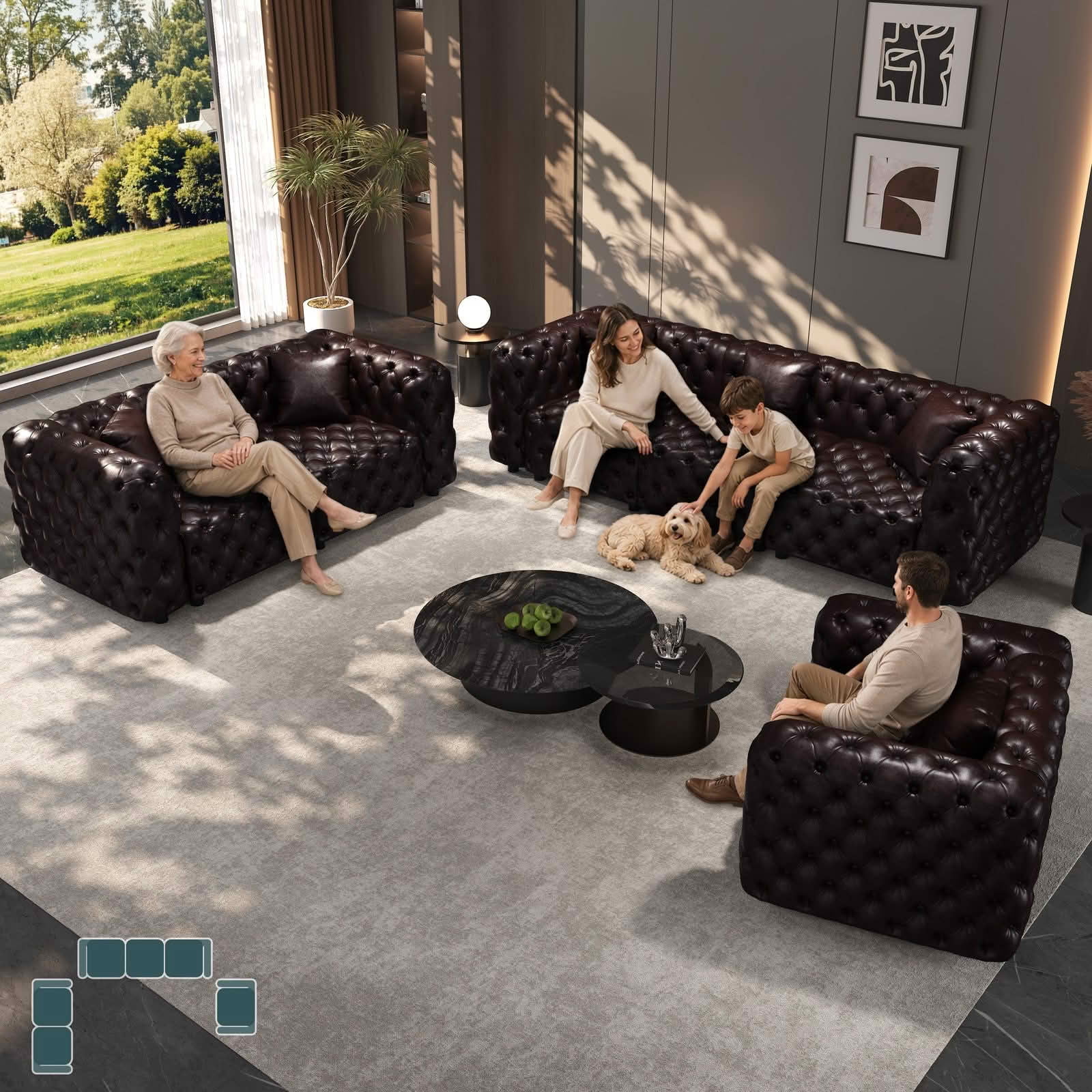 MAYEERTY 6‑Seat Faux‑Leather Modular Sofa, Handcrafted Button Tufted Couch with 6 Pillows for Living Room & Small Apartment