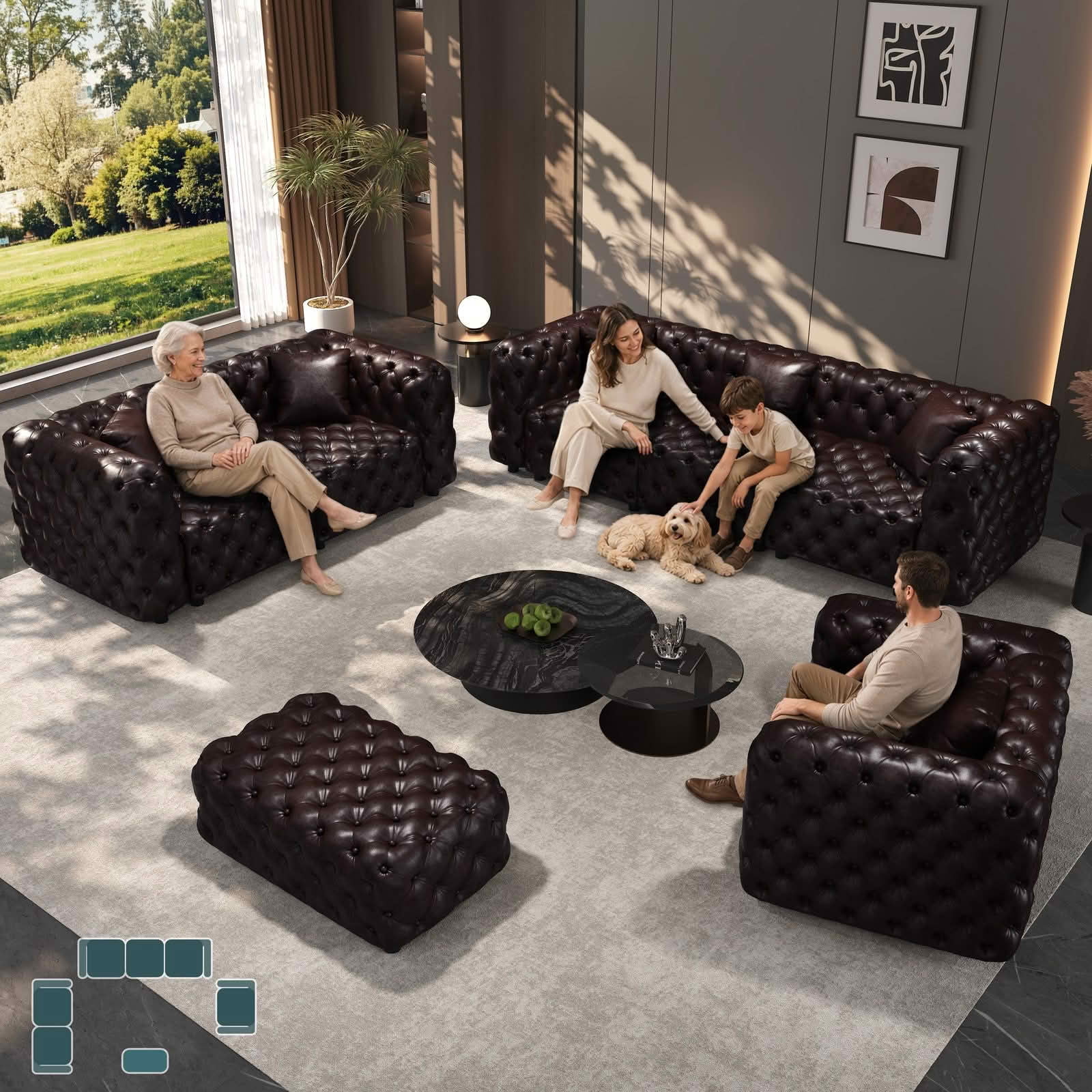 MAYEERTY 6‑Seat Faux‑Leather Modular Sofa Set, Handcrafted Button Tufted Couch with Ottoman & 6 Pillows for Living Room & Small Apartment