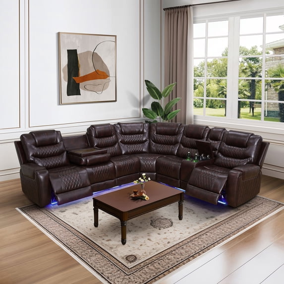 MAYEERTY 6-Seater Recliner Sectional Sofa Set, Leather Reclining Couch with LED Lights, USB & Storage for Living Room, Home Theater