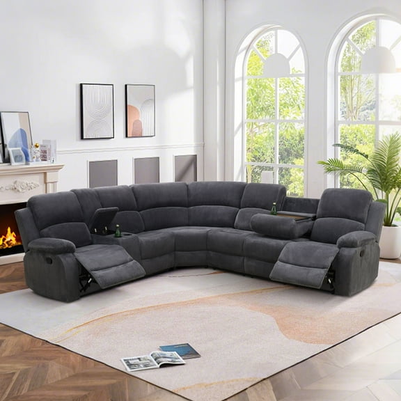 MAYEERTY 6-Seater Recliner Sectional Sofa Set, Recliner with Lint-Free Fabric, for Living Room & Family Lounge