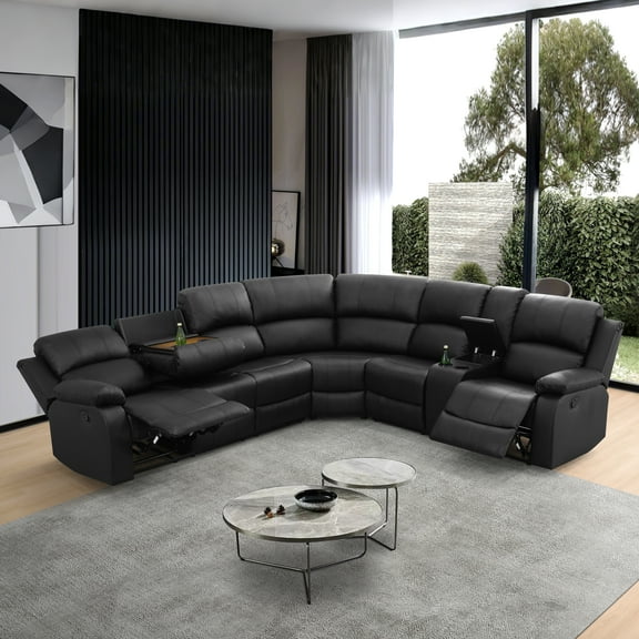 MAYEERTY 6-Seater Recliner Sectional Sofa Set, Recliner with Semi PU Leather, Storage, for Living Room & Home Theater