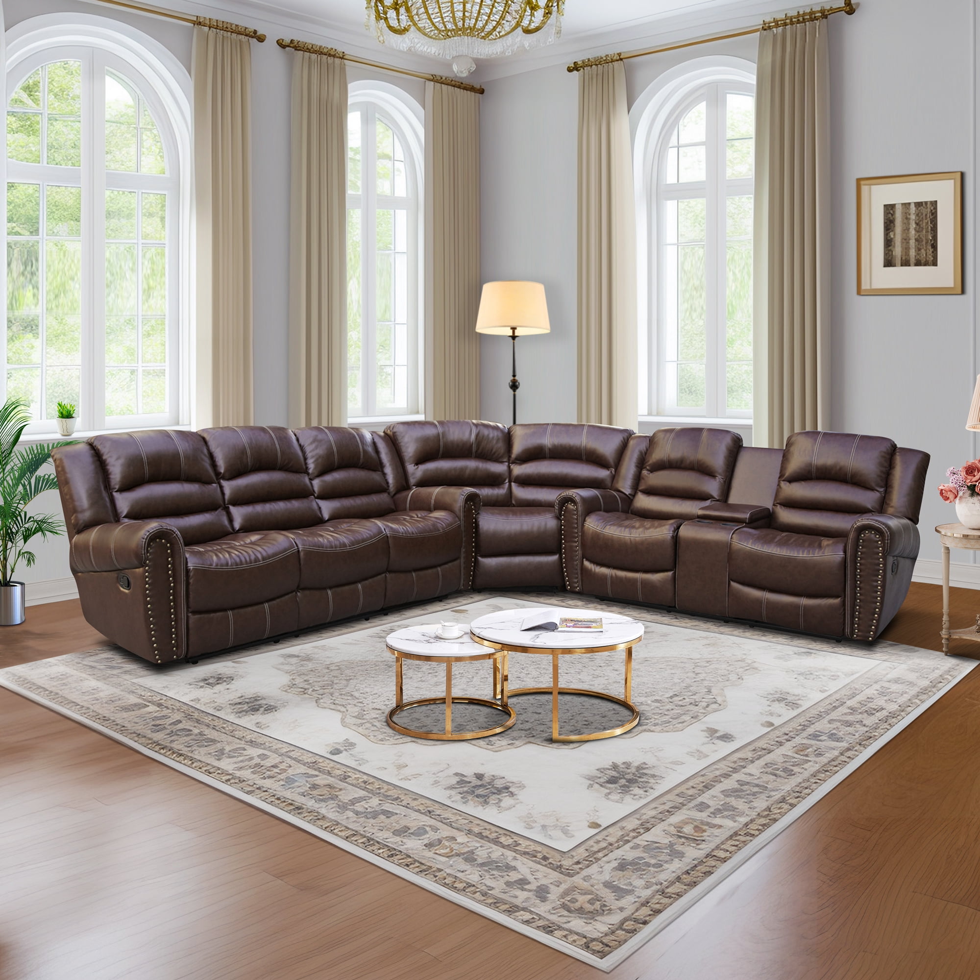 MAYEERTY 6-Seater Recliner Sofa Set - Breathing Leather with Reversible Coffee Table for Living Room & Home Theater