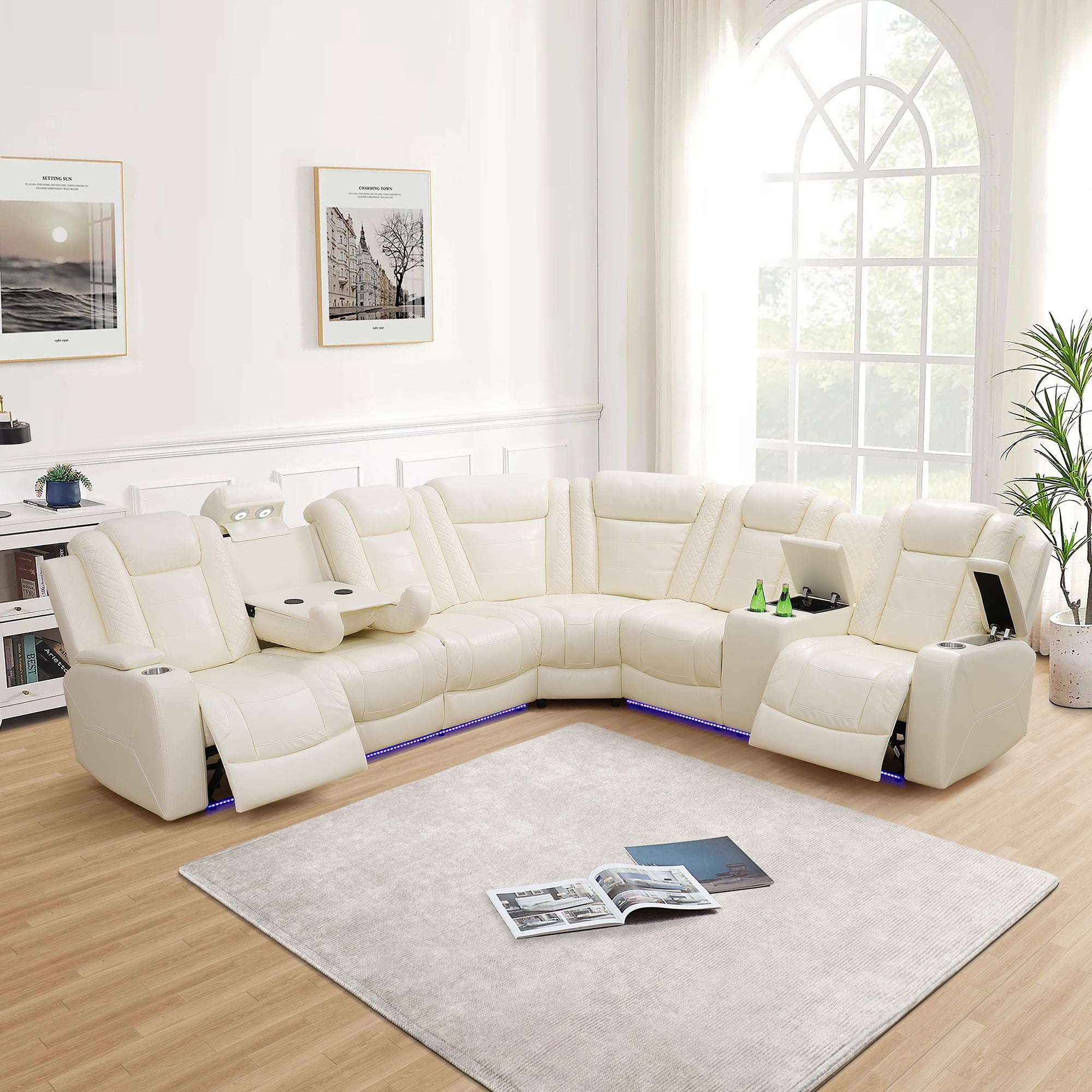 MAYEERTY 6-Seater Recliner Sofa Set, Intelligent Leather Recliner with Wireless Charger, LED & Storage, for Living Room & Home Theater, Off-White