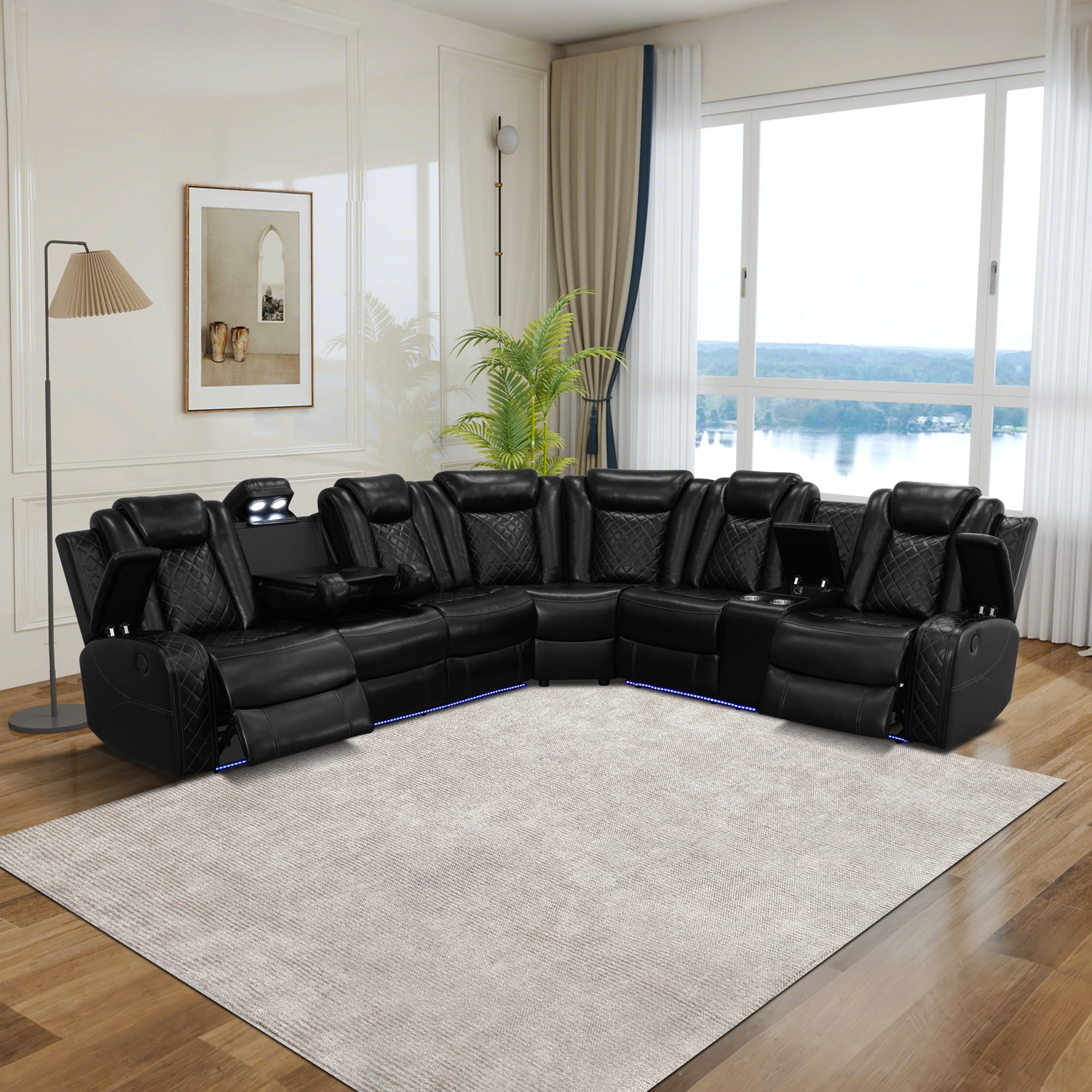 MAYEERTY 6-Seater Recliner Sofa Set, Intelligent Sectional Sofa with Wireless Charger, LED Lights & Storage, Breathable Leather for Living Room