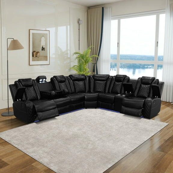 MAYEERTY 6-Seater Recliner Sofa Set, Intelligent Sectional Sofa with Wireless Charger, LED Lights & Storage, Breathable Leather for Living Room