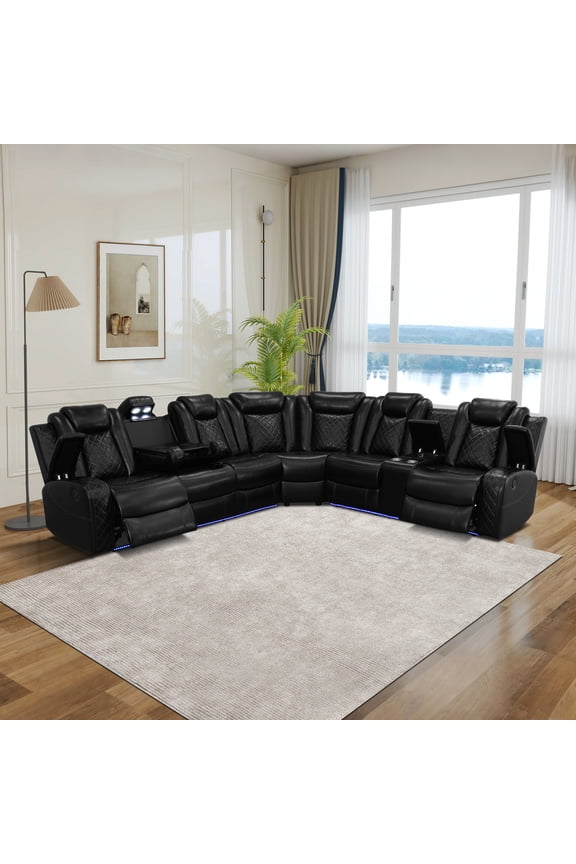 6-Seater Recliner Sofa Set, Intelligent Sectional Sofa with Wireless Charger, LED Lights & Storage, Breathable Leather for Living Room