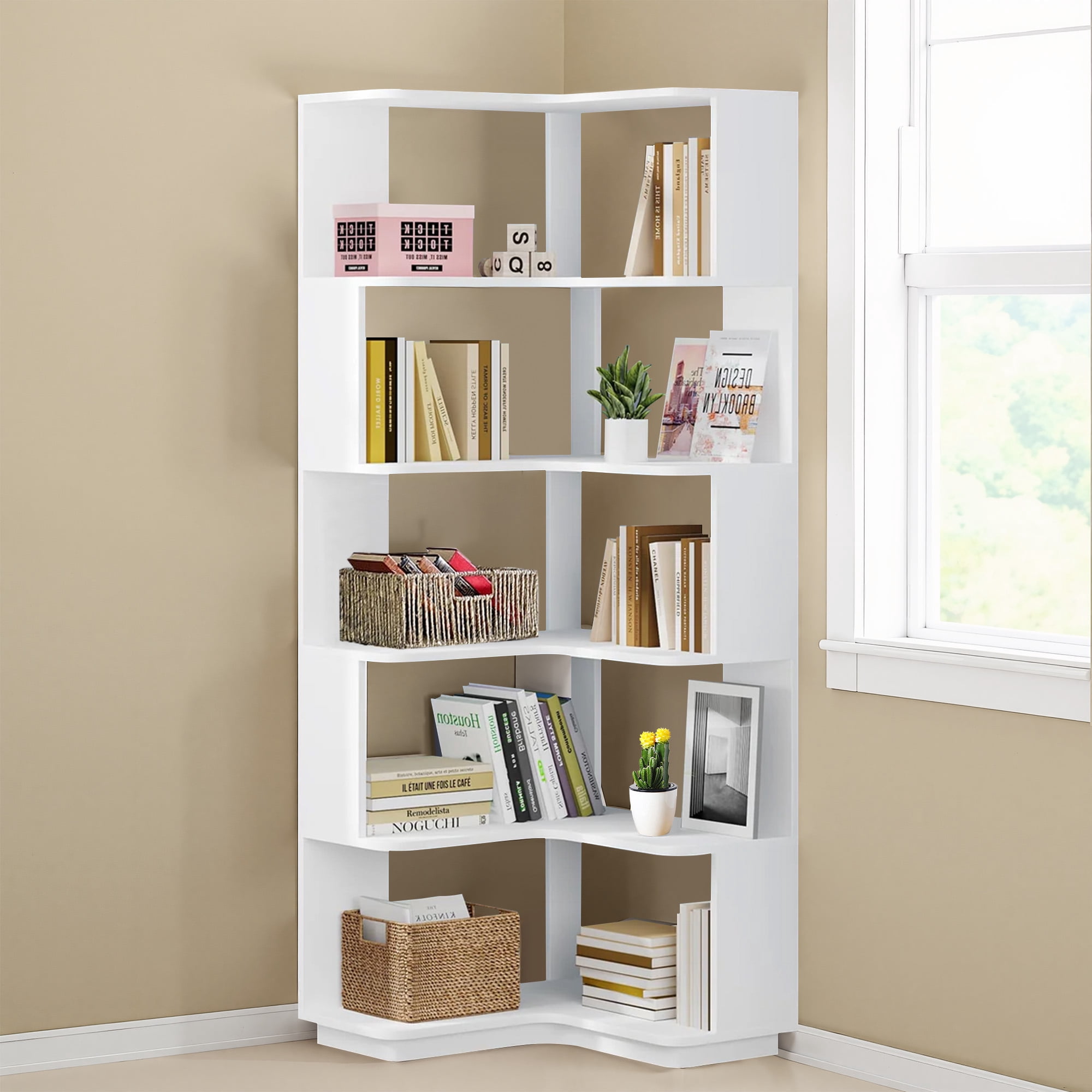 MAYEERTY Industrial 6-Tier Corner Storage Shelf, L-Shaped Bookcase with Anti-Fall Panels for Living Room, Bedroom & Office