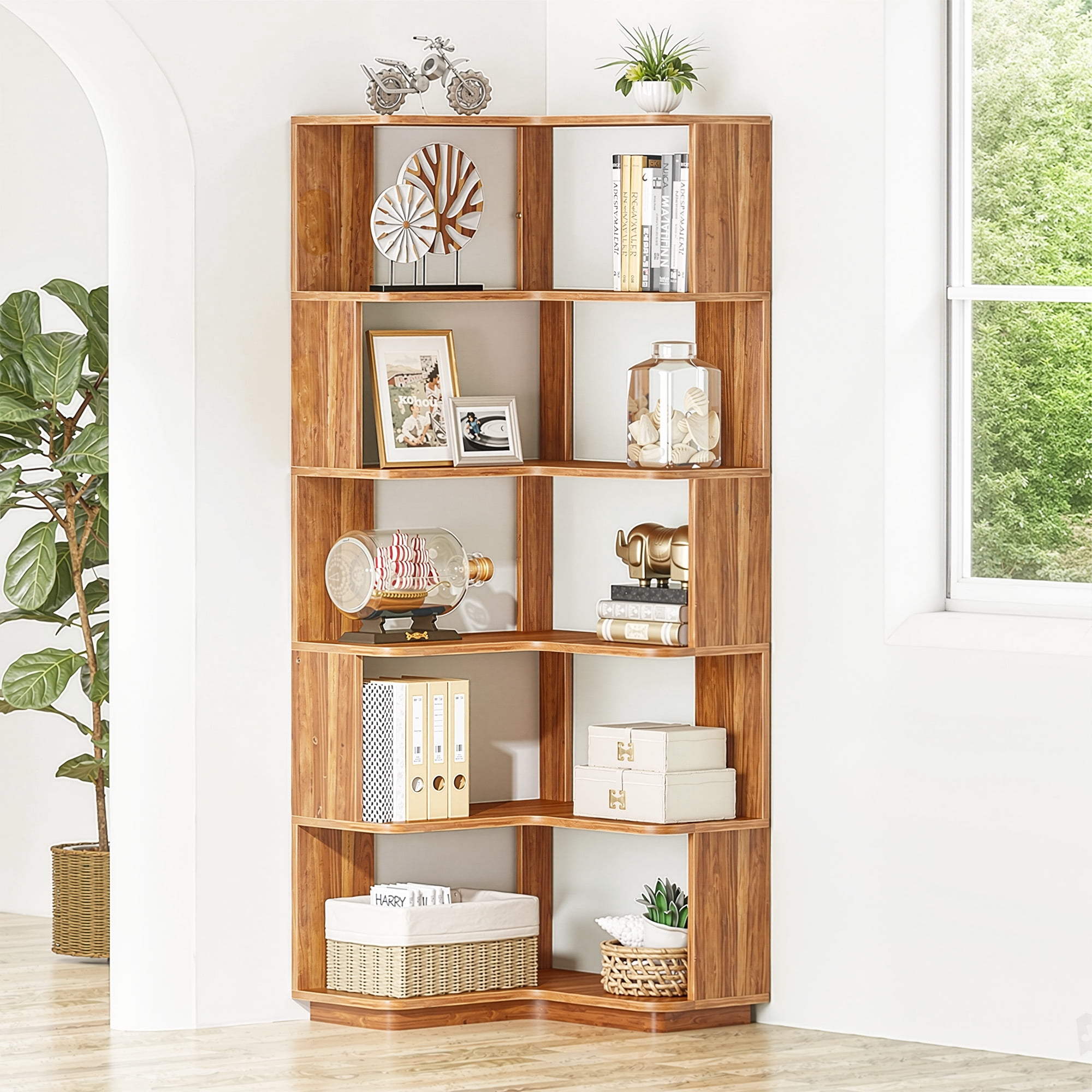 MAYEERTY Industrial 6-Tier Corner Storage Shelf, L-Shaped Bookcase with Anti-Fall Panels for Living Room, Bedroom & Office