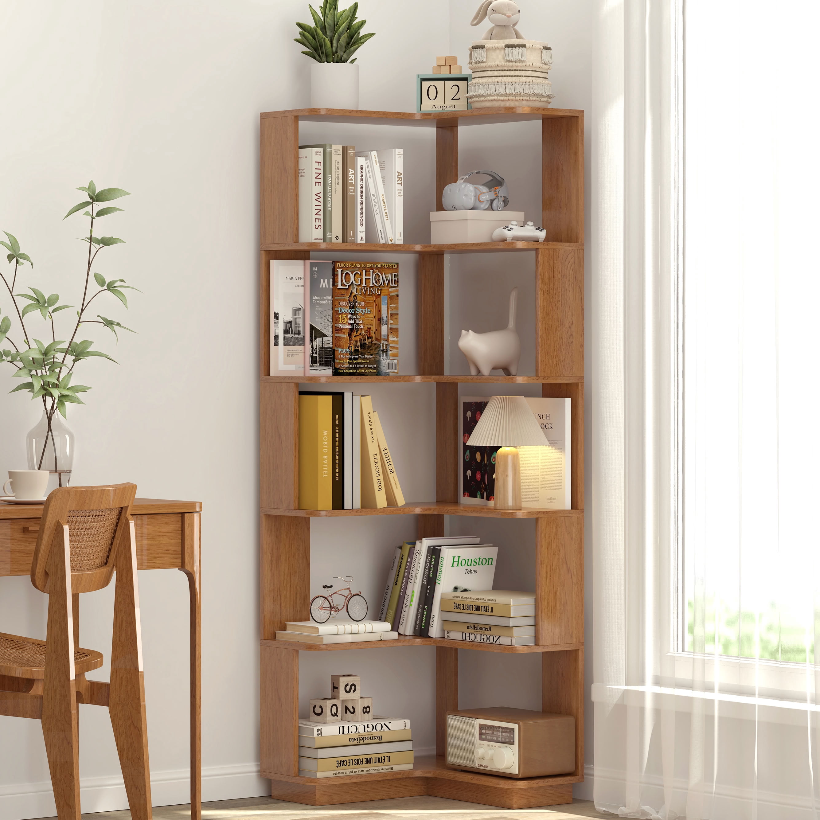 MAYEERTY 6 Tier L-Shaped Open Corner Bookshelf, Freestanding Wooden Bookcase with Anti-Fall Baffle & Anti-Tipping Device, for Living Room Bedroom Home Office Small Spaces