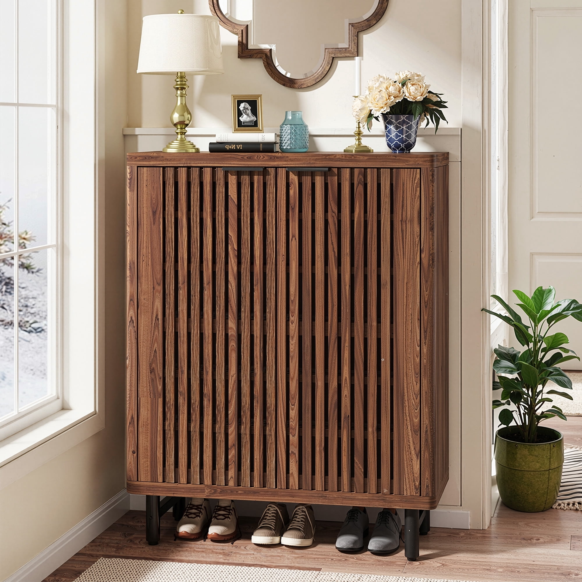 MAYEERTY Dark Walnut Breathable Louvered Shoe Cabinet, Ventilated Wooden Shoe Storage for Entryway