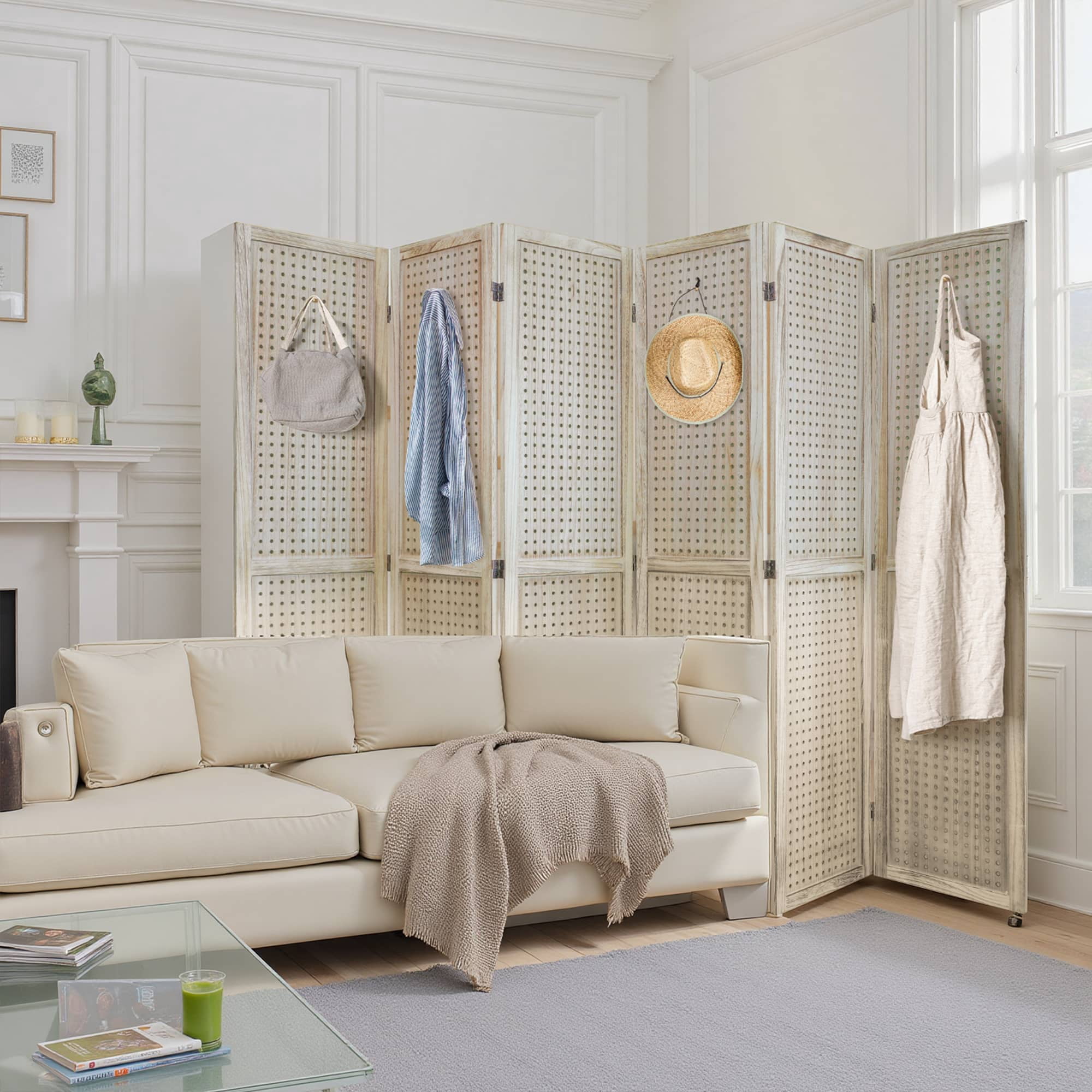 MAYEERTY 6 Wooden Room Divider, 5.6Ft Wooden Freestanding Privacy Screen with Shelves, Natural Wood