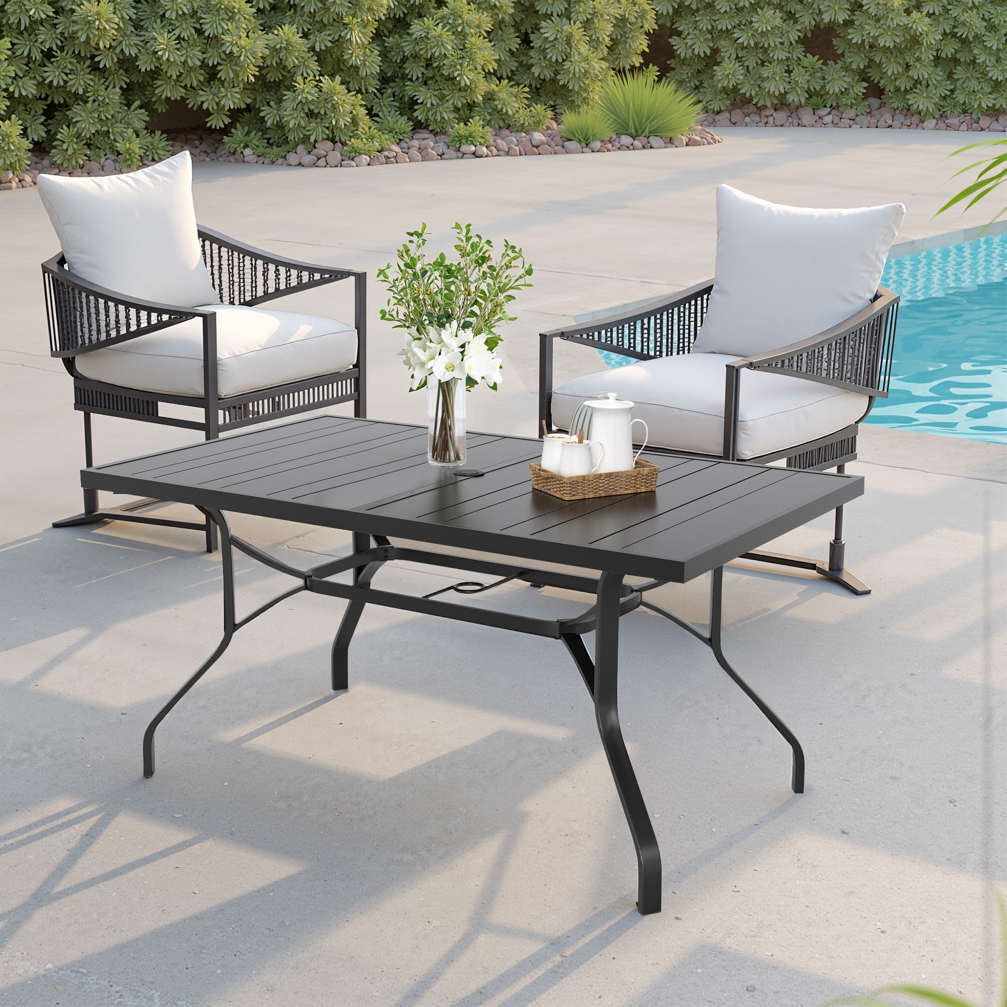 MAYEERTY 60*35"Outdoor Dining Table with 1.57" Umbrella Hole, Weather-Resistant Metal,for Patio,Backyard,Poolside