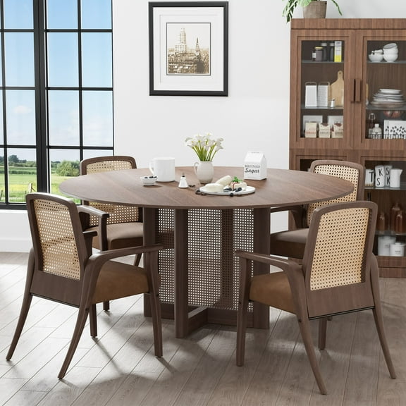 MAYEERTY 60*60*30" Modern Rattan Cross-Leg Round Walnut Dining Table, Spacious for 8