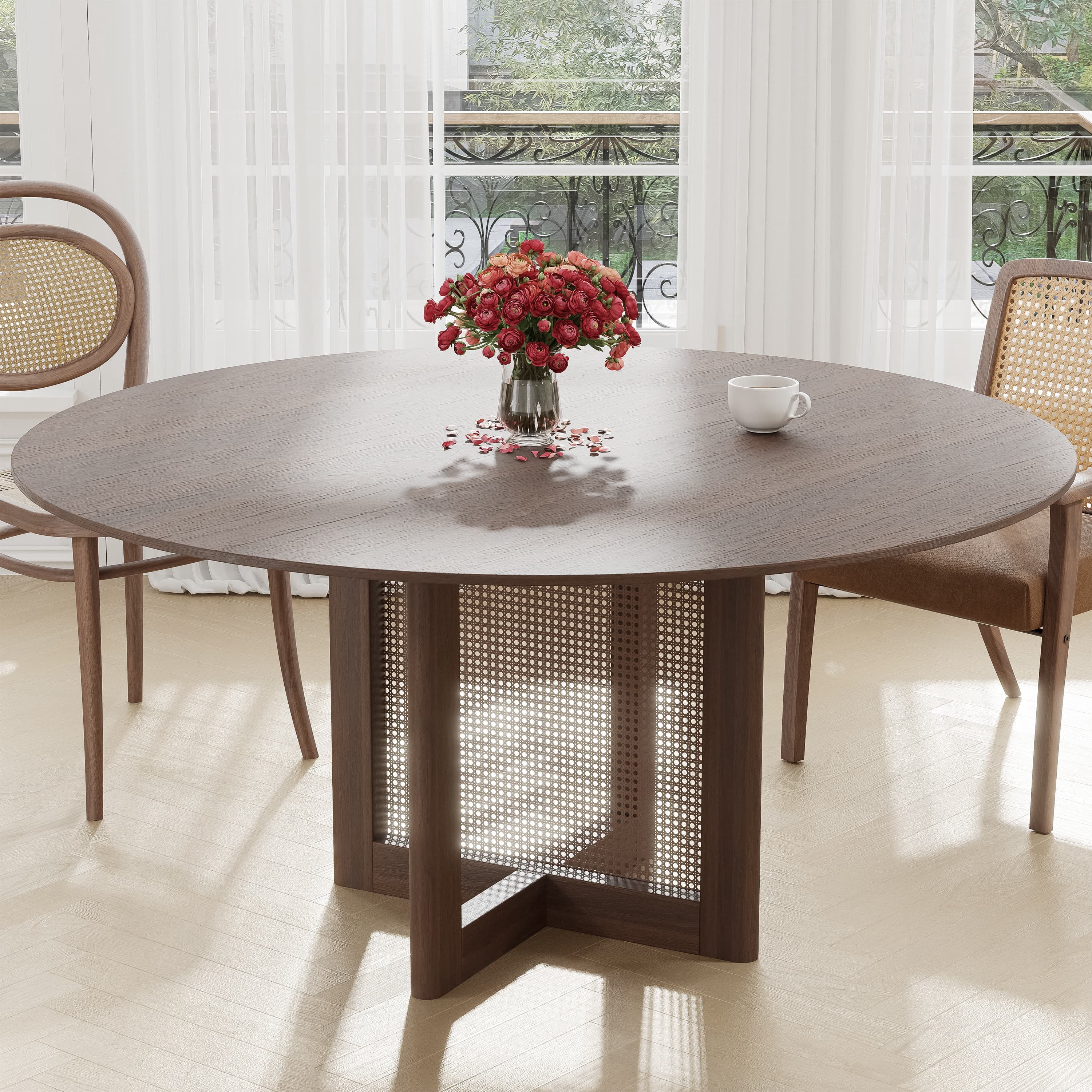 MAYEERTY 60"×60"×30" Walnut Rattan Woven Round Dining Table - Warm Tone for Cozy Dining Areas