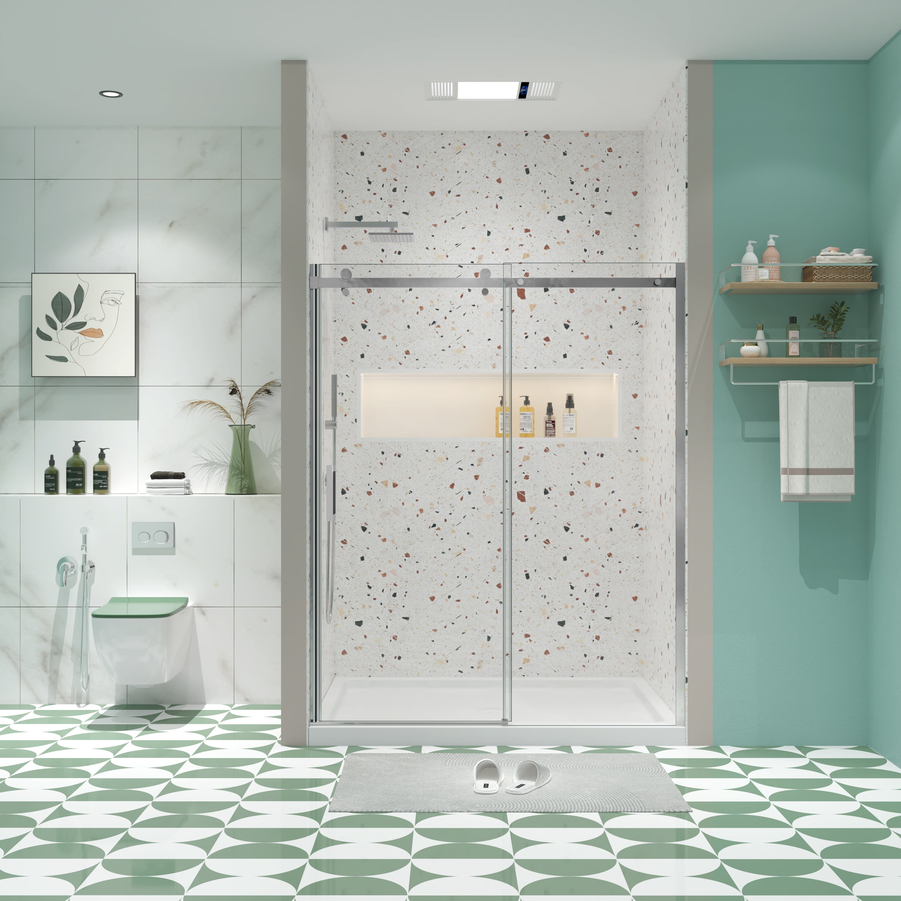 MAYEERTY 60*74" Double Sliding Shower Bypass Door, 5/16"Tempered Glass & 8"Stainless Steel Handle, Chrome Silver
