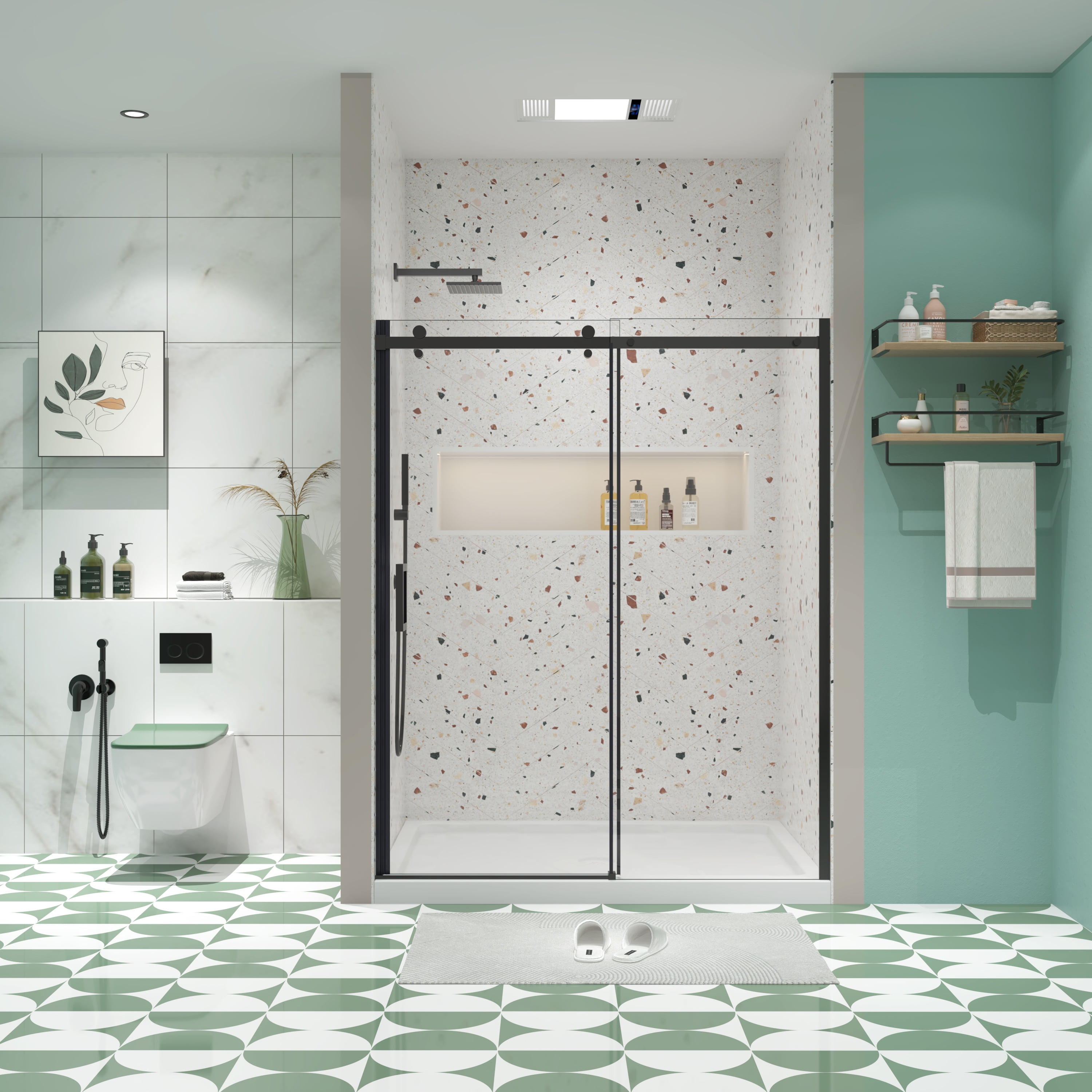 MAYEERTY 60*74" Double Sliding Shower Bypass Door, 5/16"Tempered Glass & 8"Stainless Steel Handle, Matte Black
