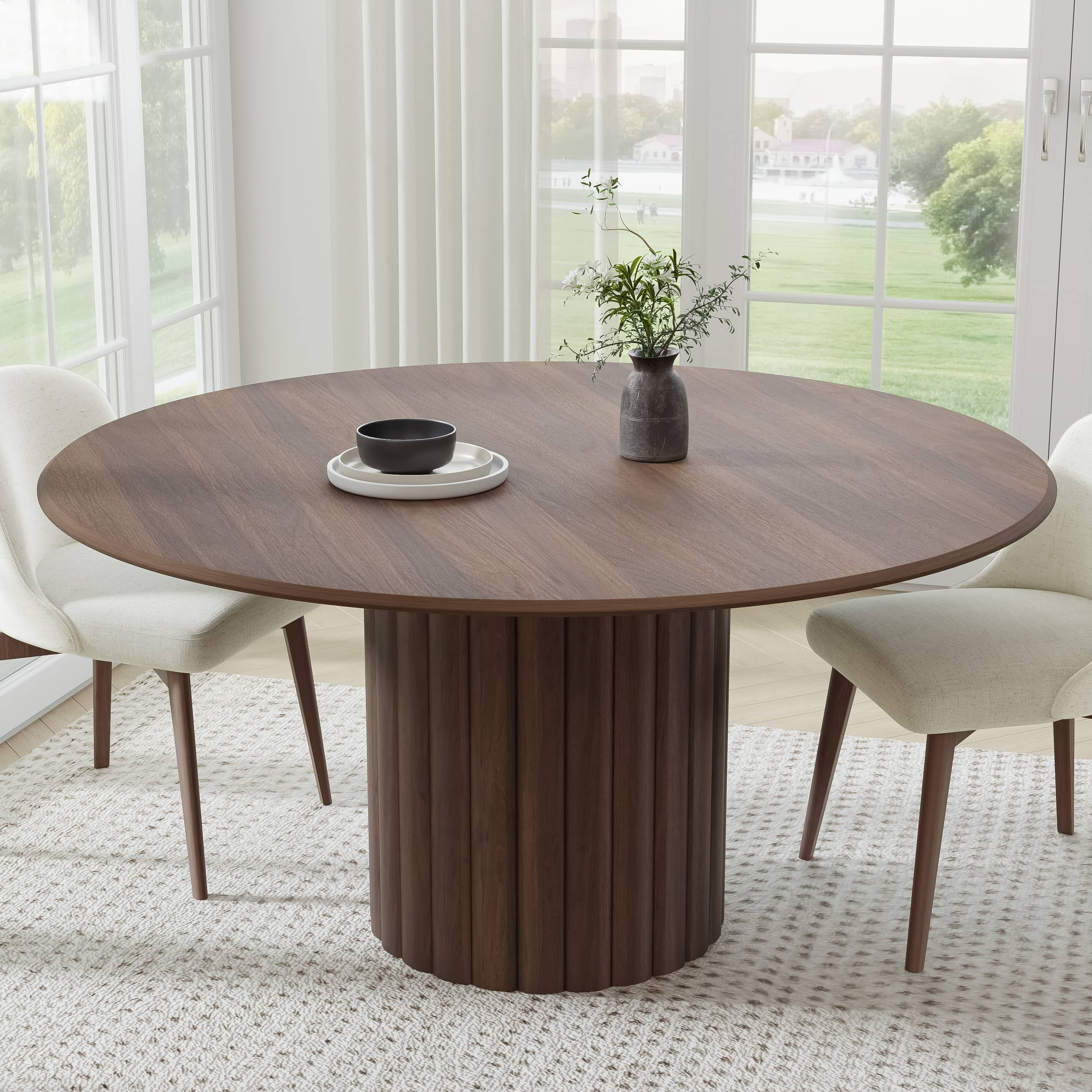 MAYEERTY 60" Round Dining Tables Mid-Century Kitchen Table for Dining Room, Walnut