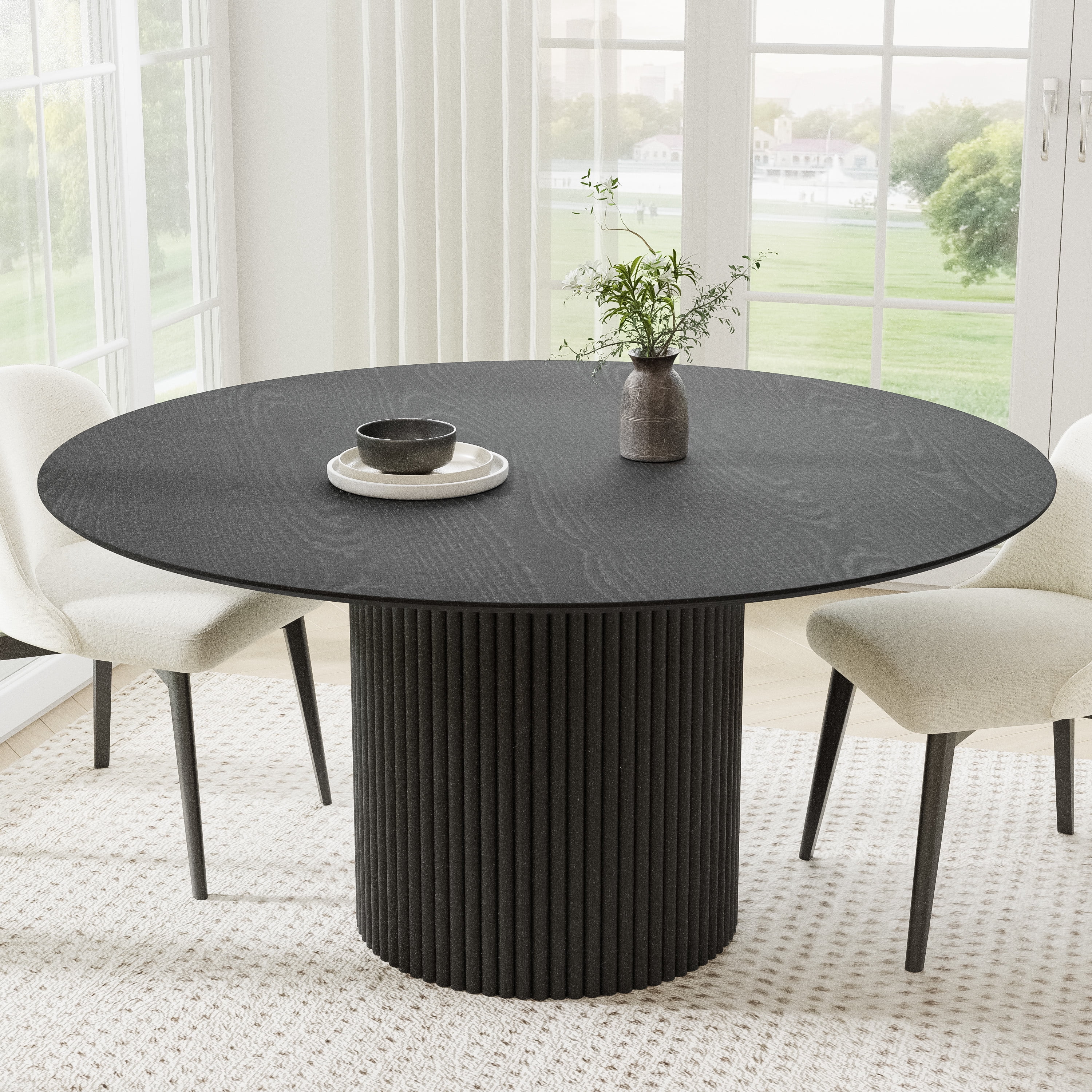 MAYEERTY 60" Round Wood Dining Table for 4-6 People, Modern Kitchen Table with Heavy Duty Wood Base, Black