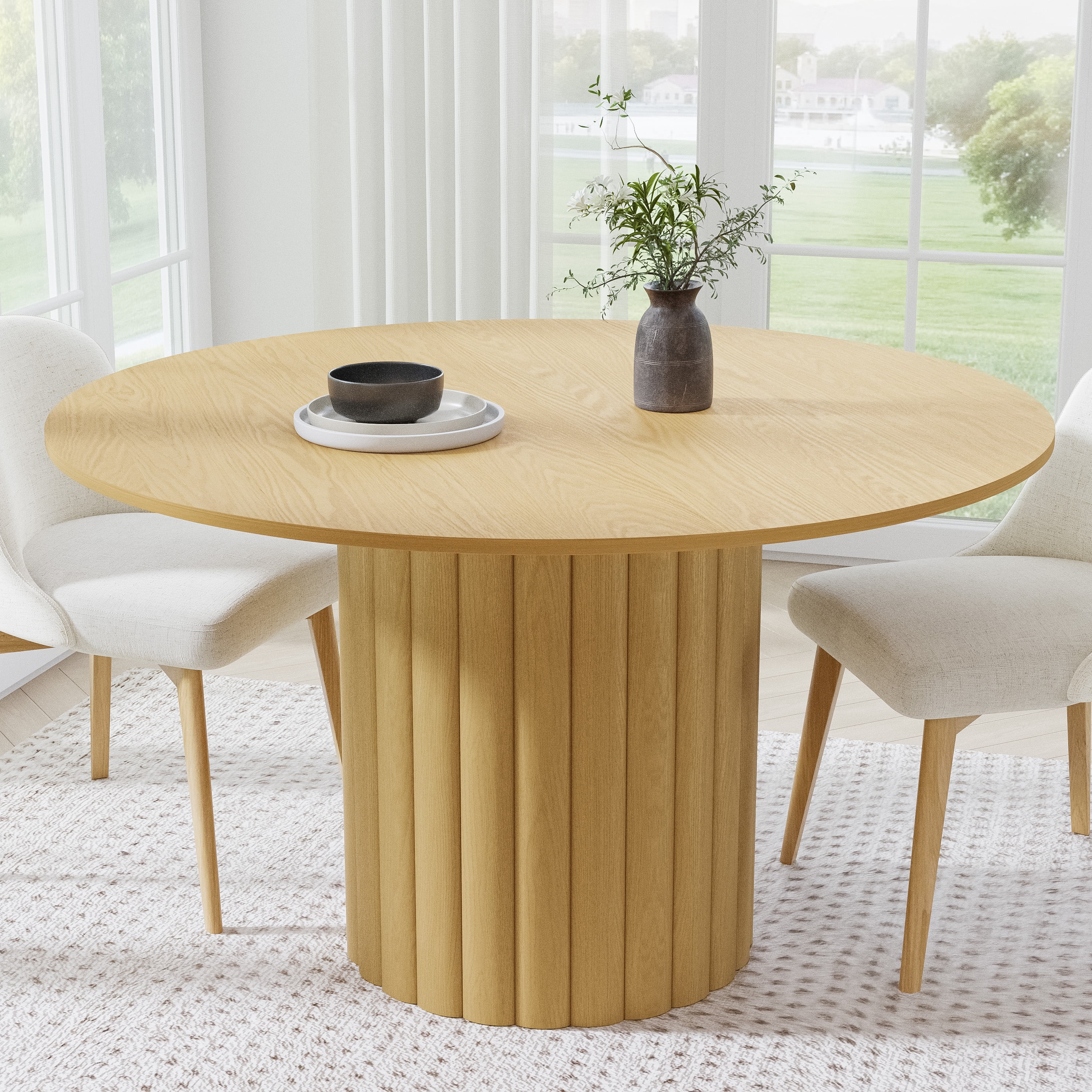 MAYEERTY 60" Round Wood Dining Table for 4-6 People, Modern Kitchen Table with Heavy Duty Wood Base, Walnut+Black