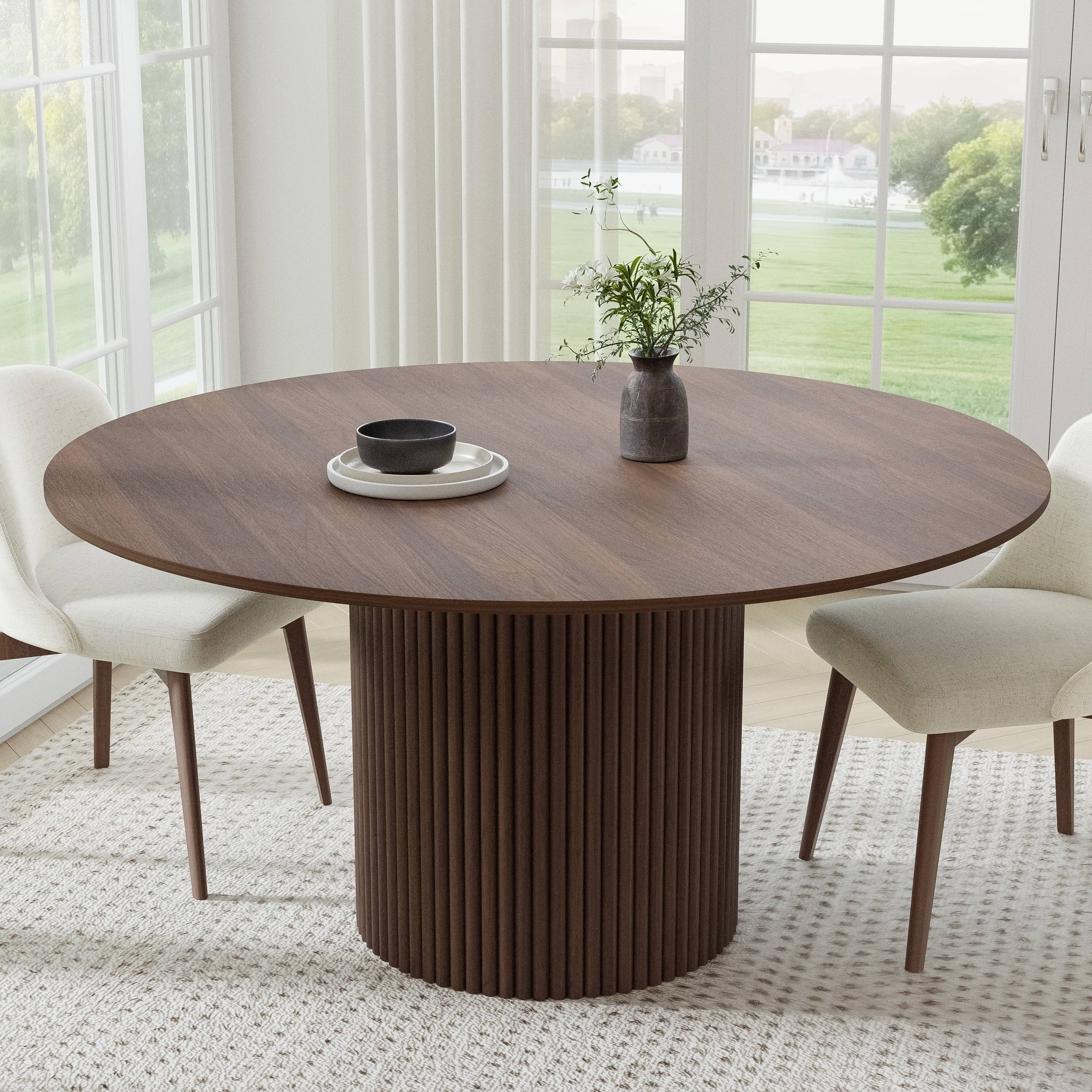 MAYEERTY 60" Wooden Round Table for 4，Mid-Century Kitchen Table for Dining Room Kitchen,Walnut