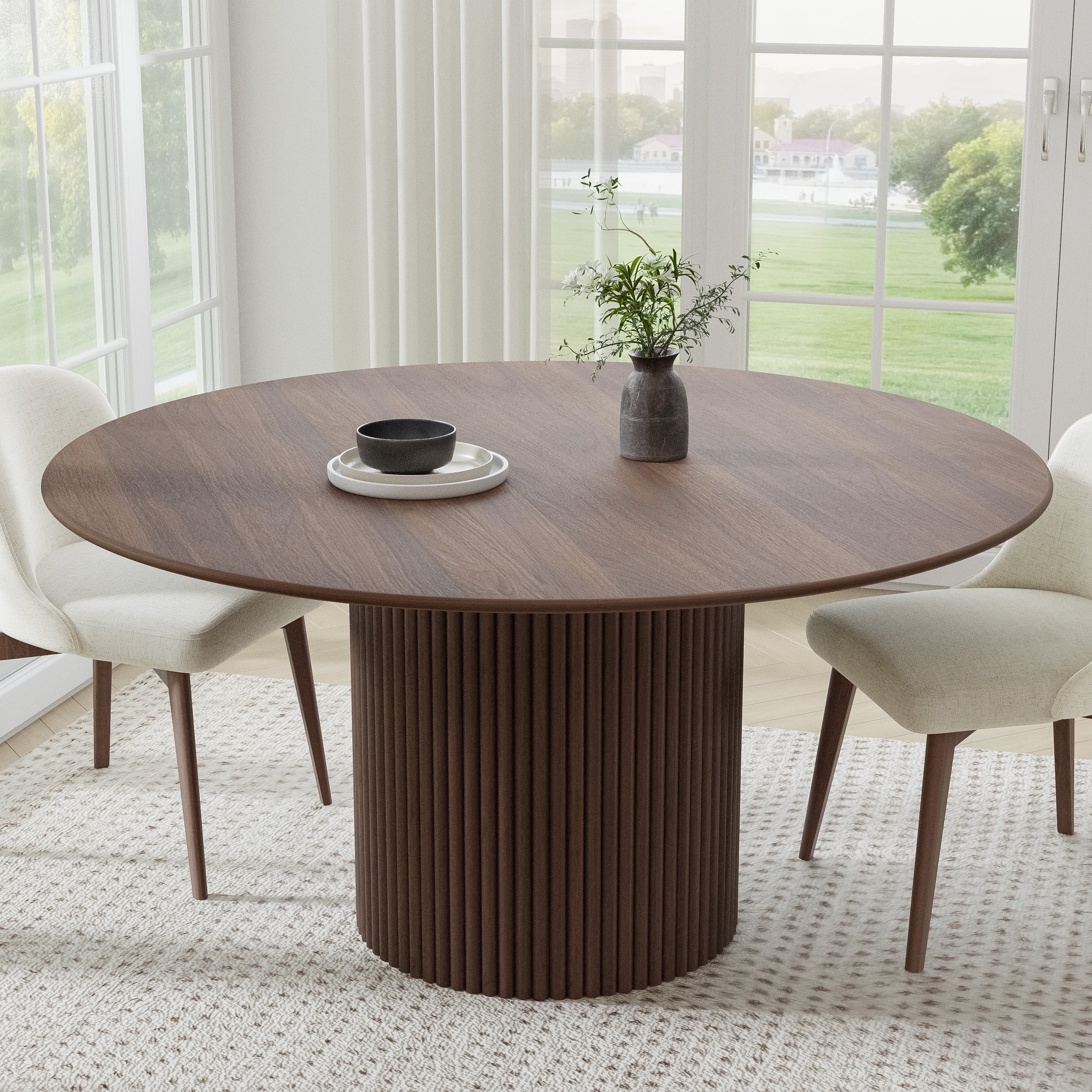 MAYEERTY 60 in. Soild Wood Walnut Dining Table Round Kitchen Table