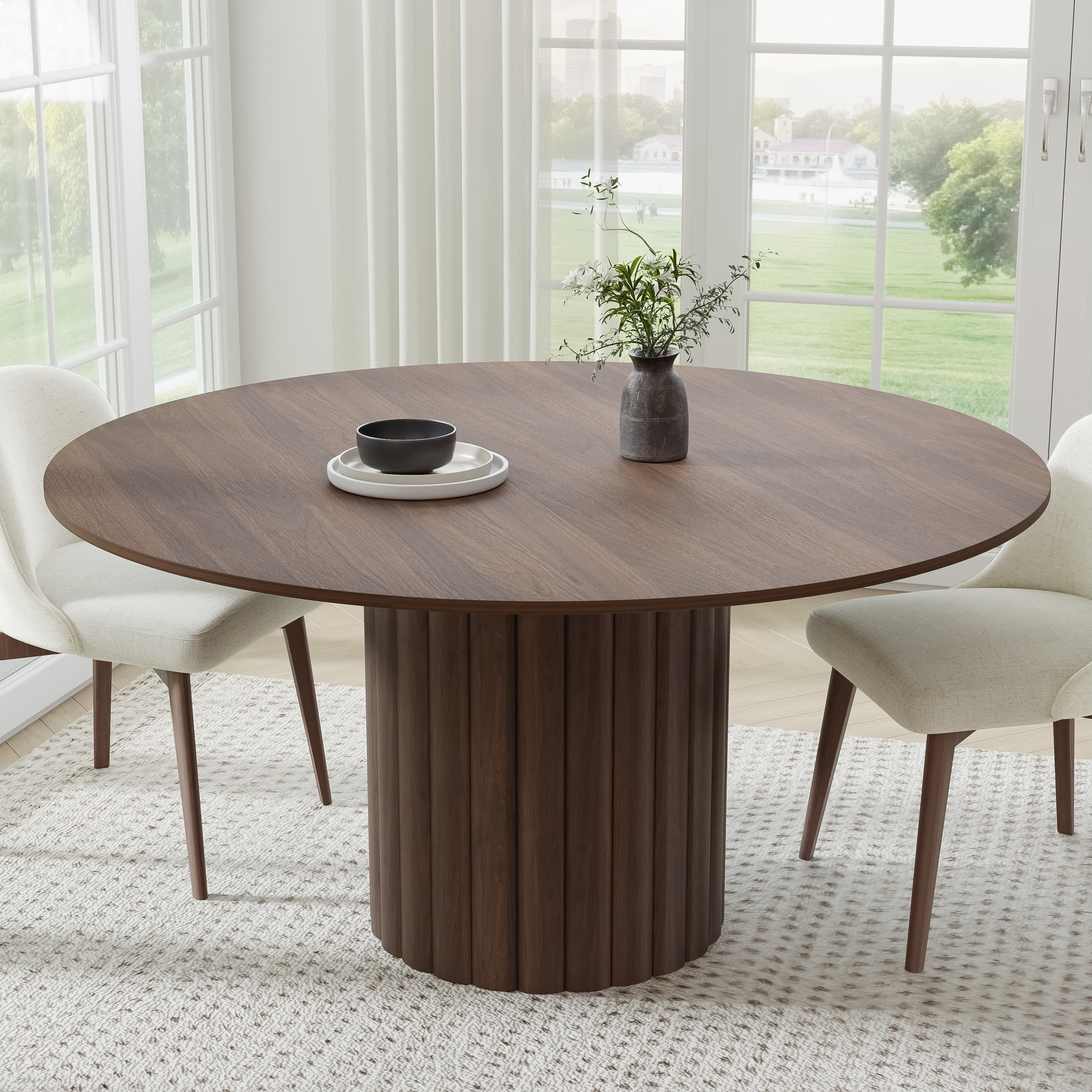 MAYEERTY 60 in. Soild Wood Walnut Dining Table Round Kitchen Table