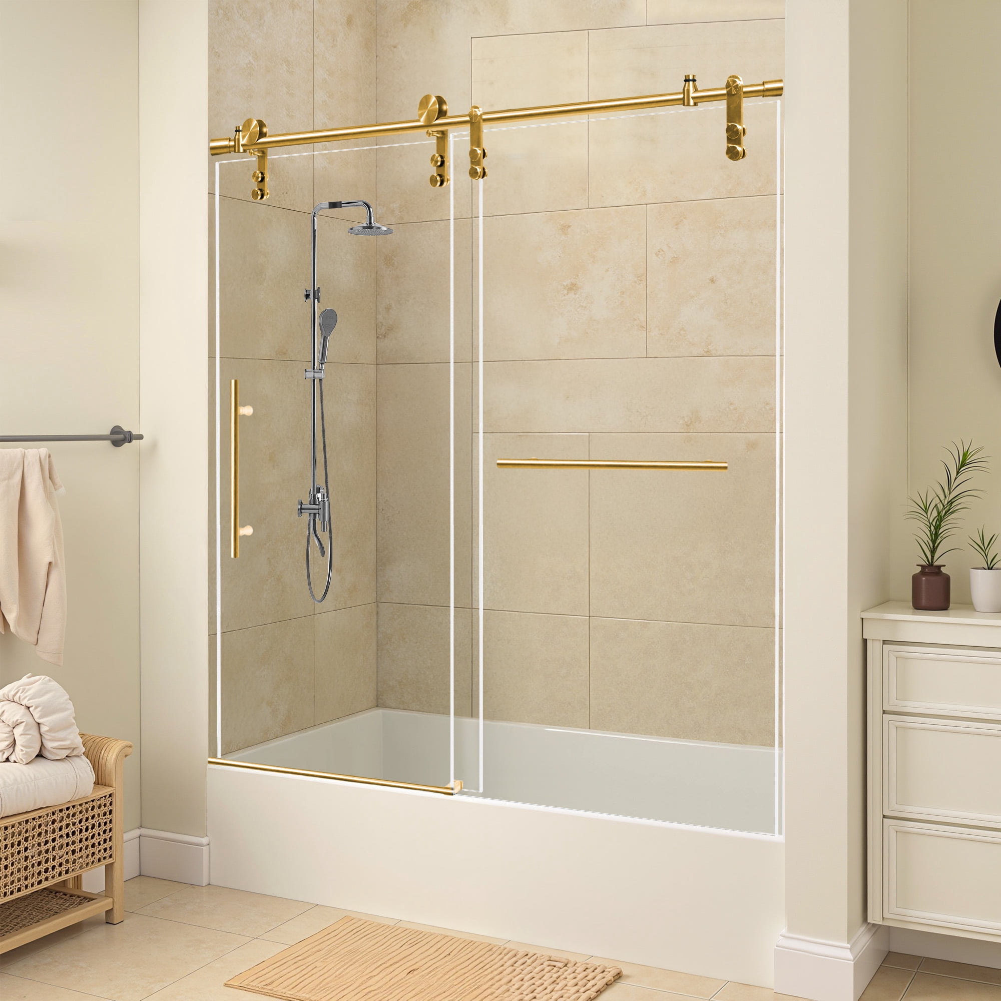 MAYEERTY 60x66 Frameless Sliding Bathtub Shower Door, Stainless Steel Tempered Glass Shower Door with Anti-Water Seal, Gold