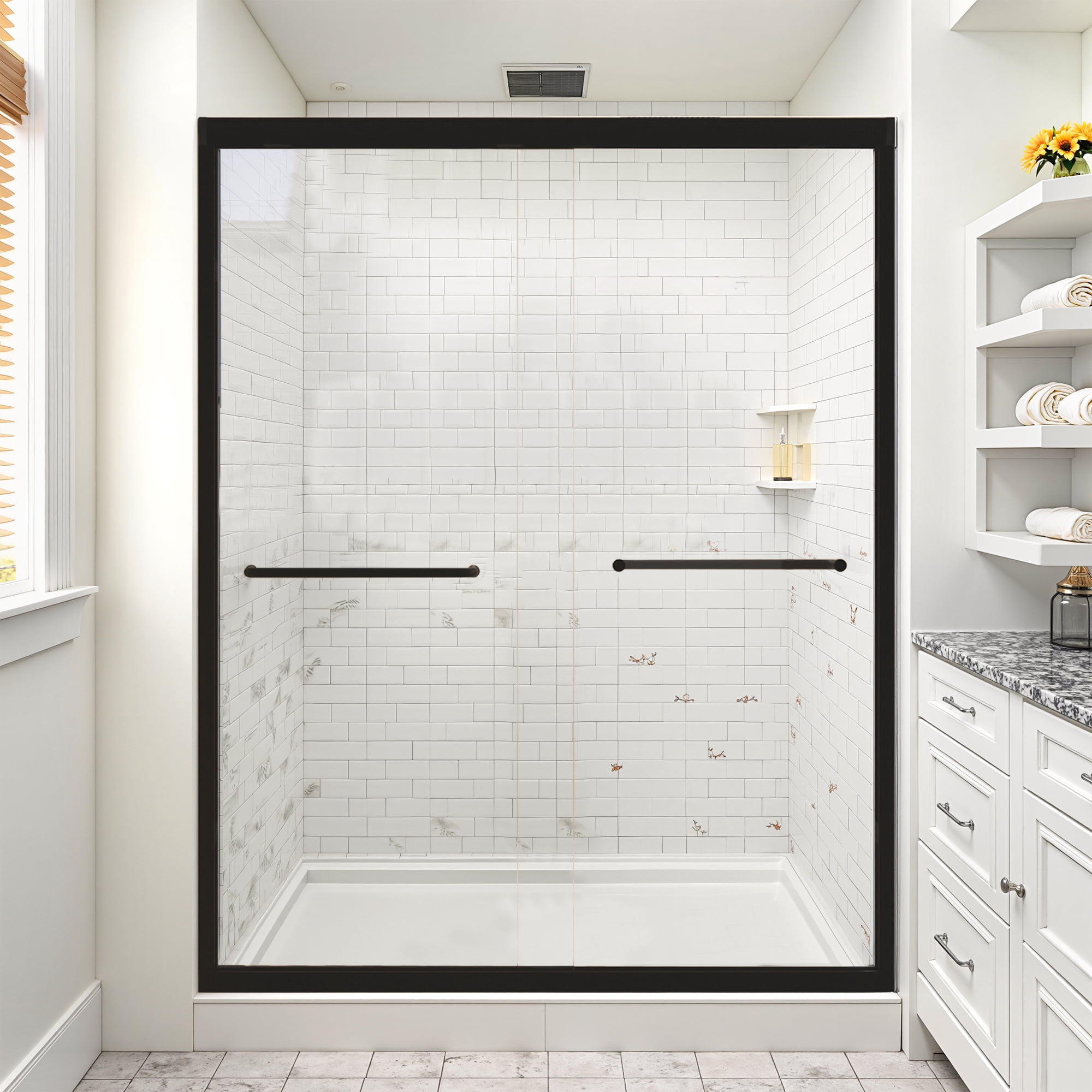 MAYEERTY 60x72in Sliding Shower Door, Aluminum Tempered Glass Shower Door, Shower Door with Anti-Water Seal, Matte Black