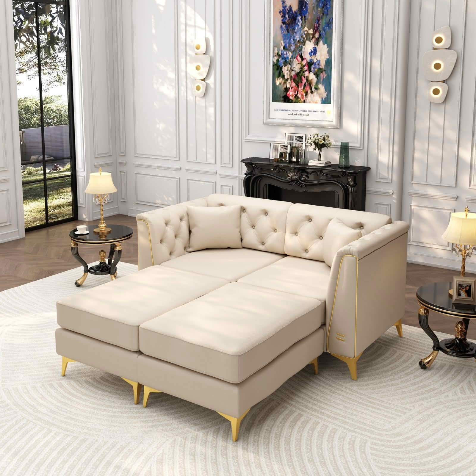 MAYEERTY 61.8" Light Luxury Modular Chesterfield 2‑Seater Sofa with 2 Ottomans, Faux‑Leather Loveseat, Button Tufting, Metal‑Trim Armrest & Slim Metal Legs, 2 Pillows Included