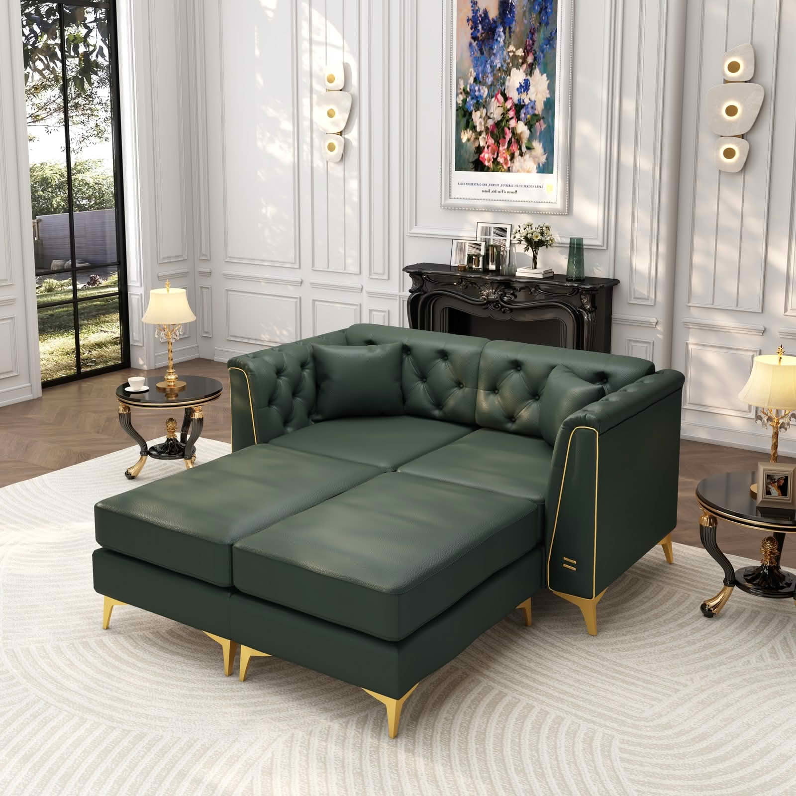 MAYEERTY 61.8" Light Luxury Modular Chesterfield 2‑Seater Sofa with 2 Ottomans, Faux‑Leather Loveseat, Button Tufting, Metal‑Trim Armrest & Slim Metal Legs, 2 Pillows Included