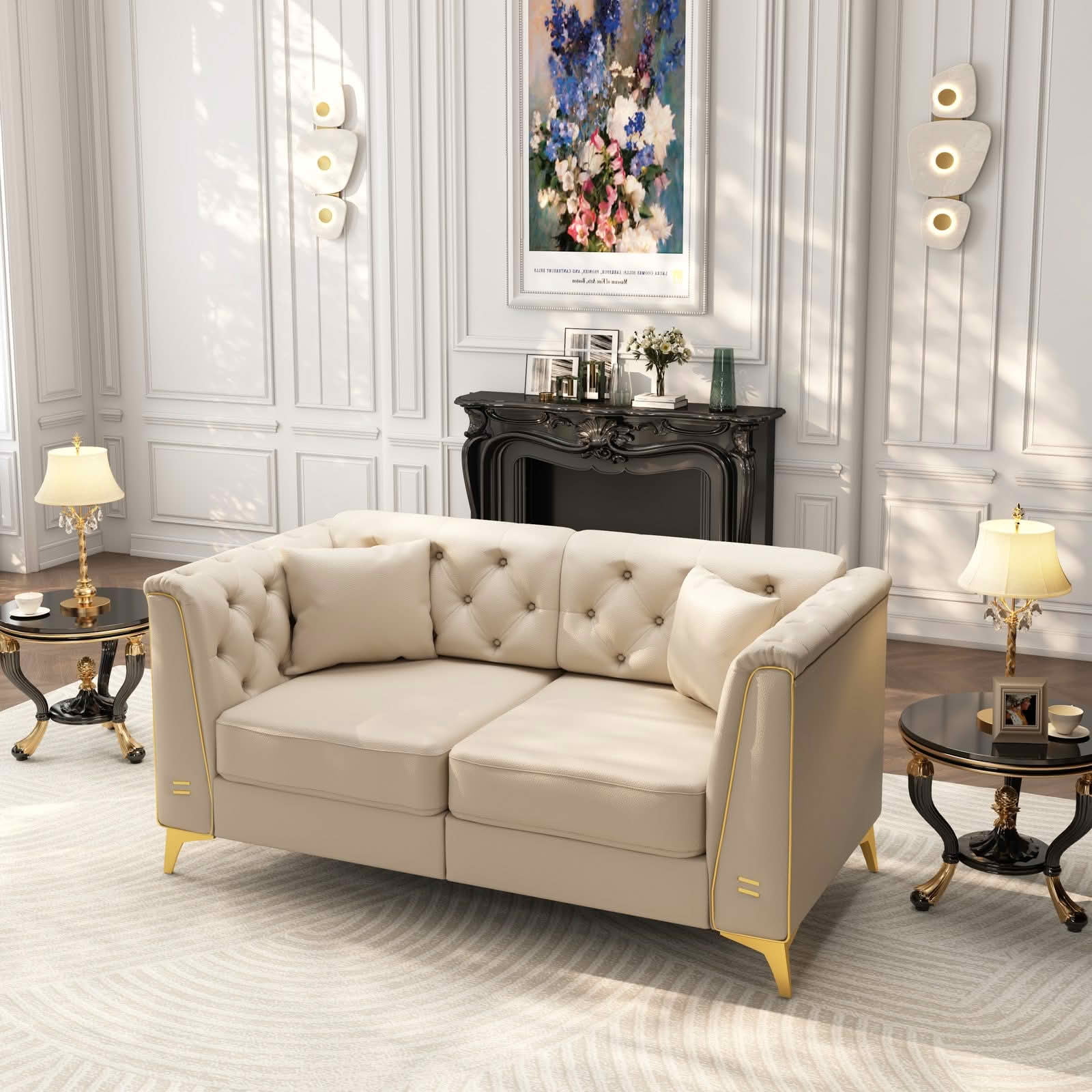 MAYEERTY 61.8" Light Luxury Modular Chesterfield 2‑Seater Sofa, Faux‑Leather Loveseat with Button Tufting, Metal‑Trim Armrest & Thin Metal Legs, 2 Pillows Included