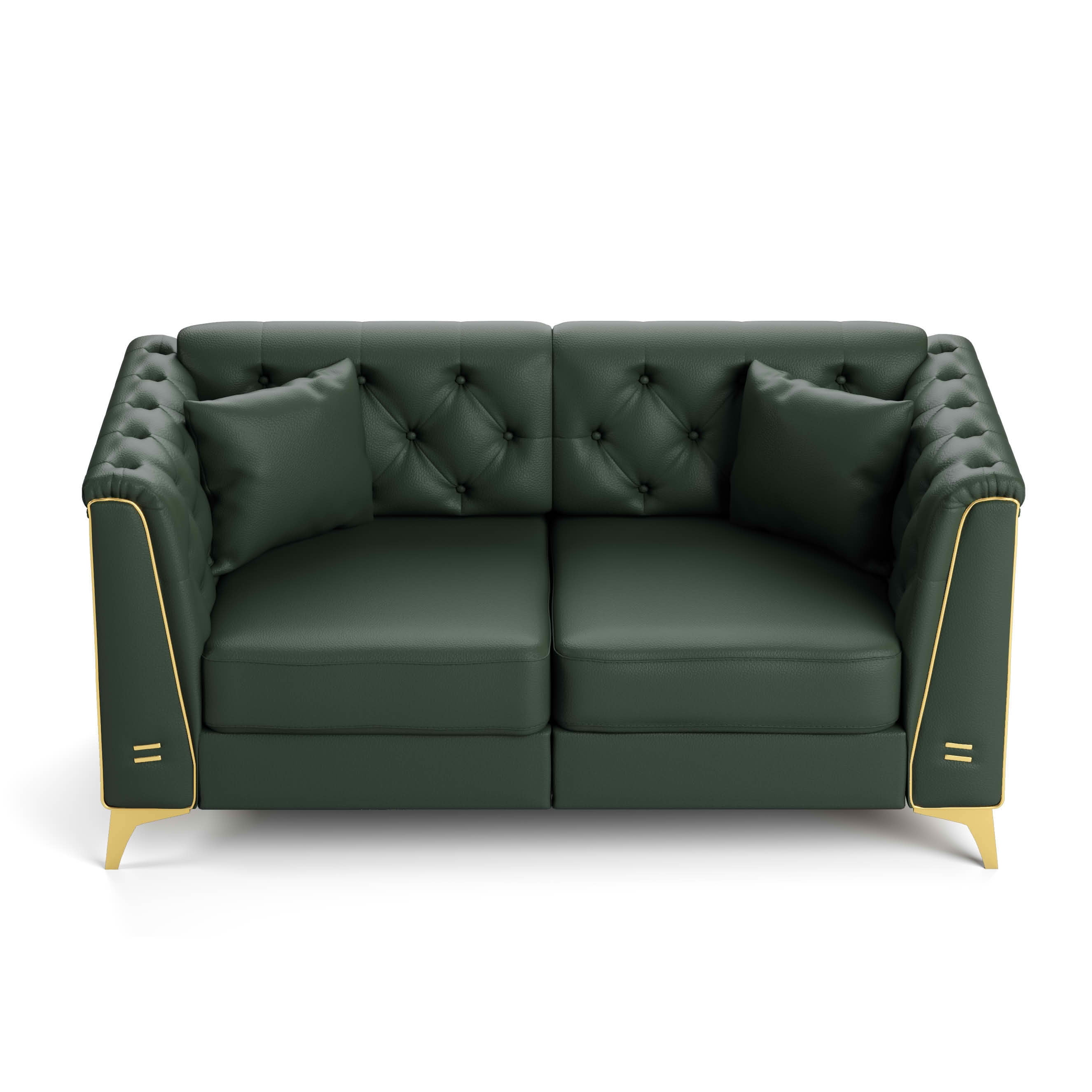 MAYEERTY 61.8" Light Luxury Modular Chesterfield 2‑Seater Sofa, Faux‑Leather Loveseat with Button Tufting, Metal‑Trim Armrest & Thin Metal Legs, 2 Pillows Included