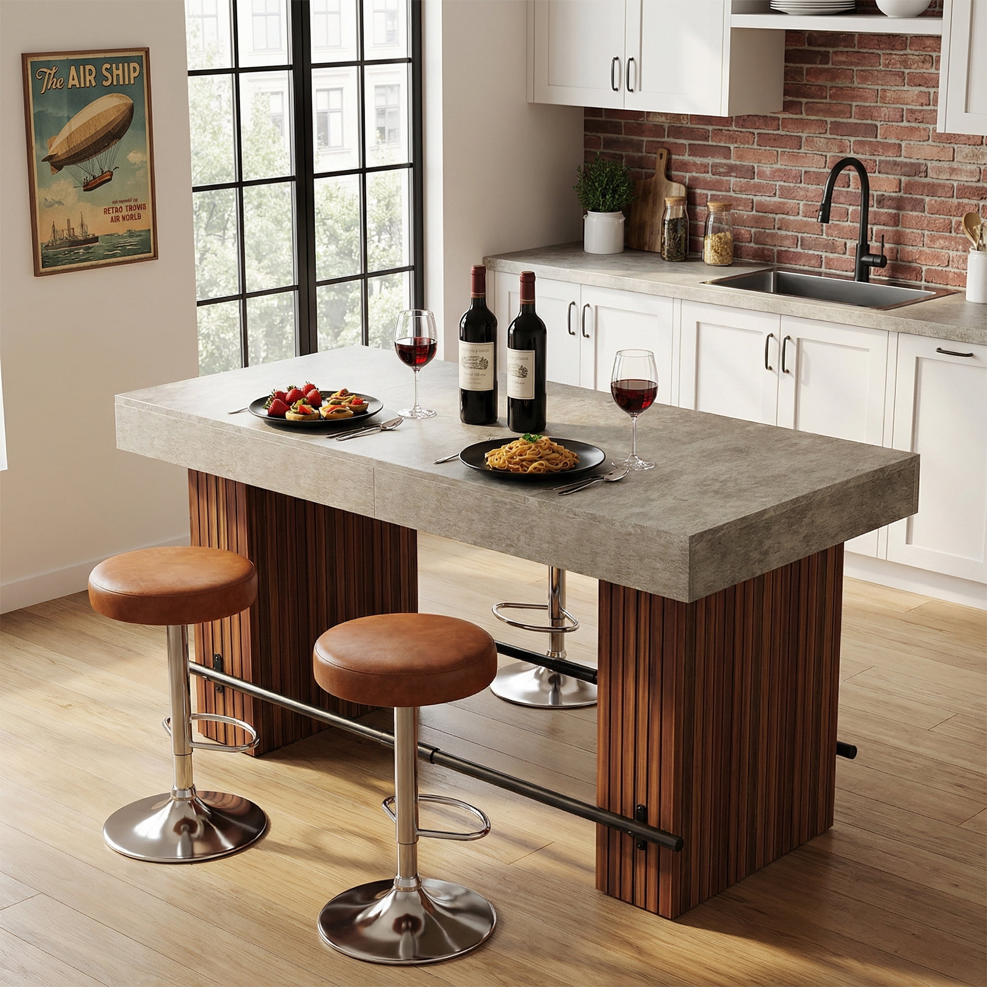MAYEERTY 62.2 Inch Industrial Bar Table, Counter Height Pub Dining Table with Rustic Brown Tabletop and Dark Gray Slatted Base for Home Bar Kitchen Island