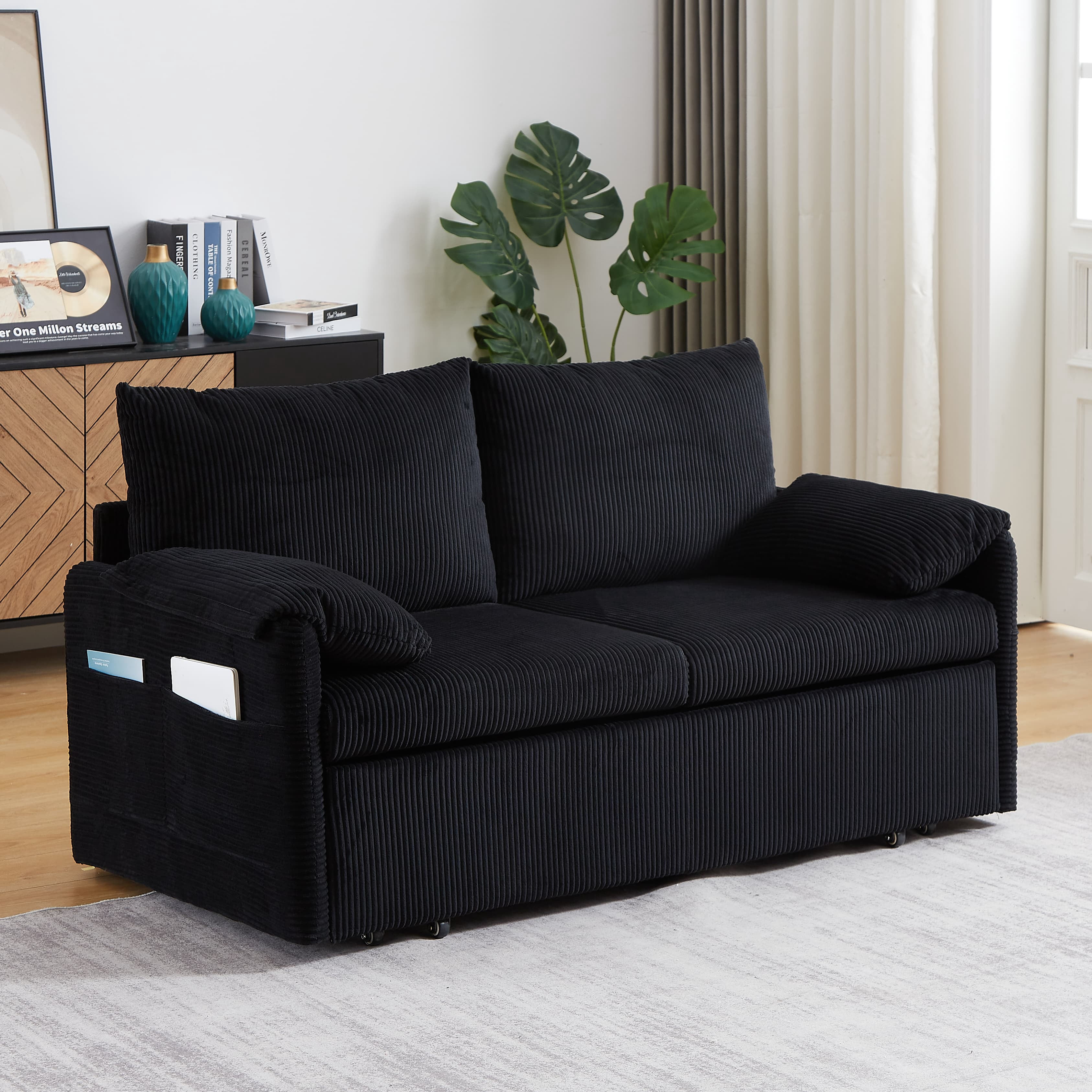 MAYEERTY 64.5 Inch Sleeper Sofa Bed 3 in 1 Adjustable Pullout Bed 2 Pillows Side Pockets Soft Corduroy Convertible Living Room Bedroom Apartment Office