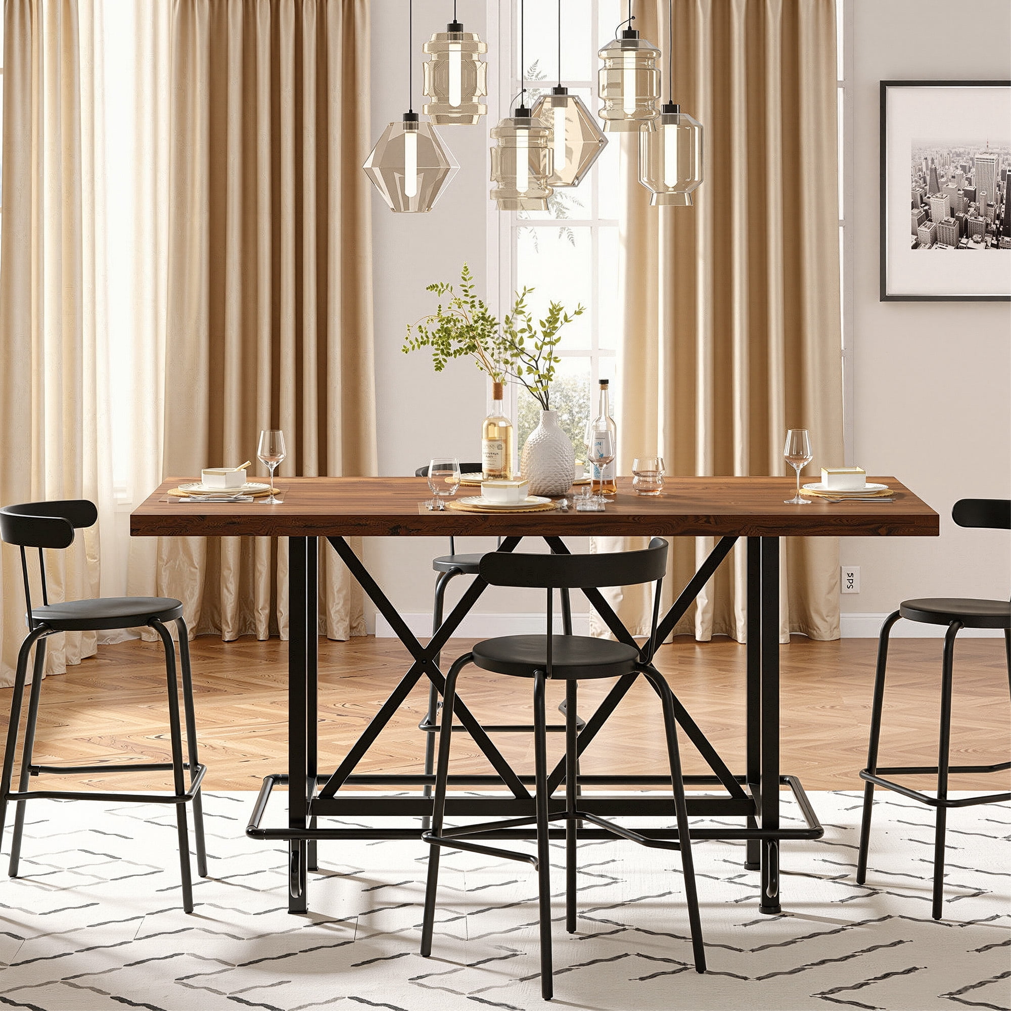 MAYEERTY 62.99" Farmhouse Counter Height Bar Table, Rectangular Pub Table for Kitchen Dining Area