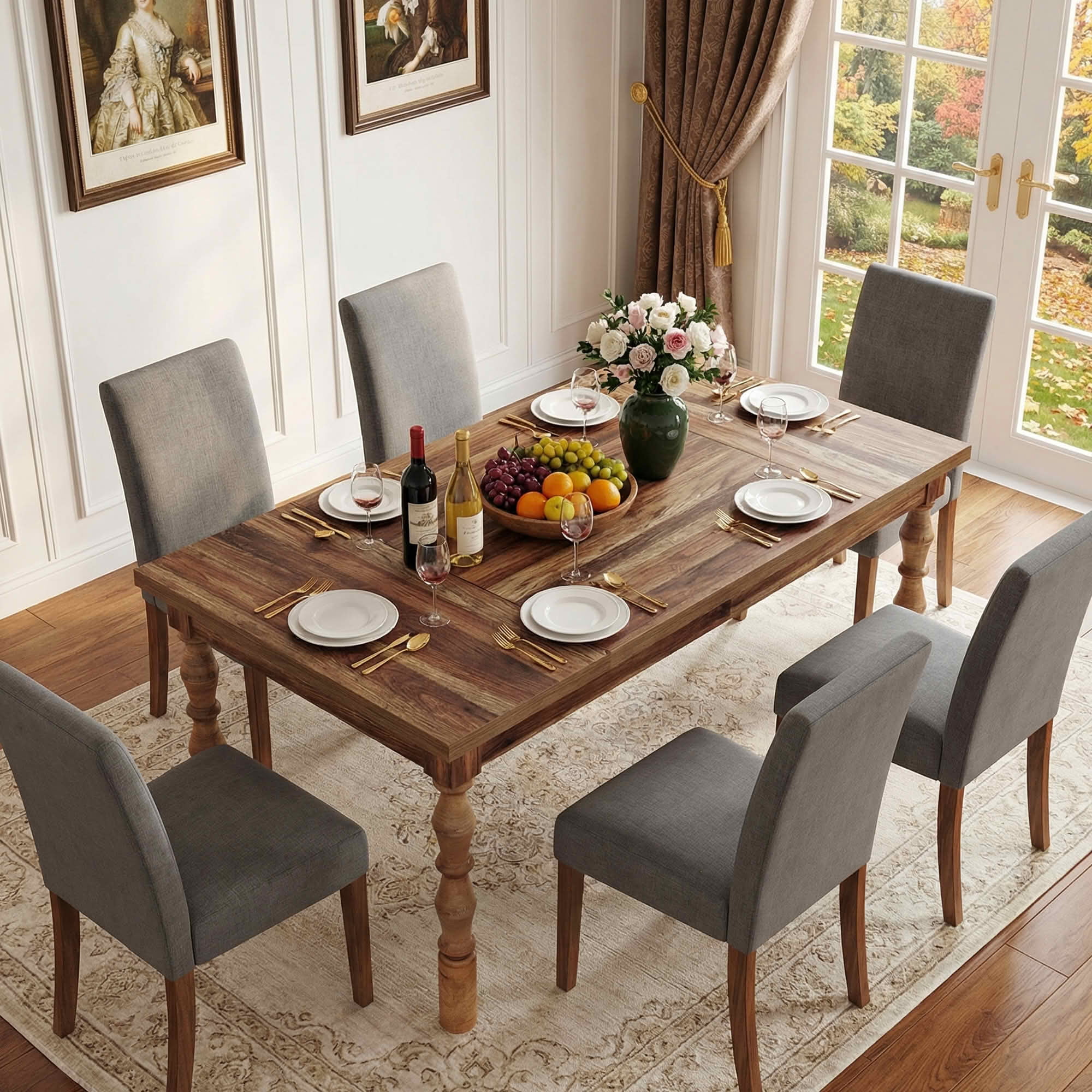 MAYEERTY 62 Inch Rectangular Dining Table, Walnut Kitchen Dinner Table with Carved Turned Legs for 4 to 6 People