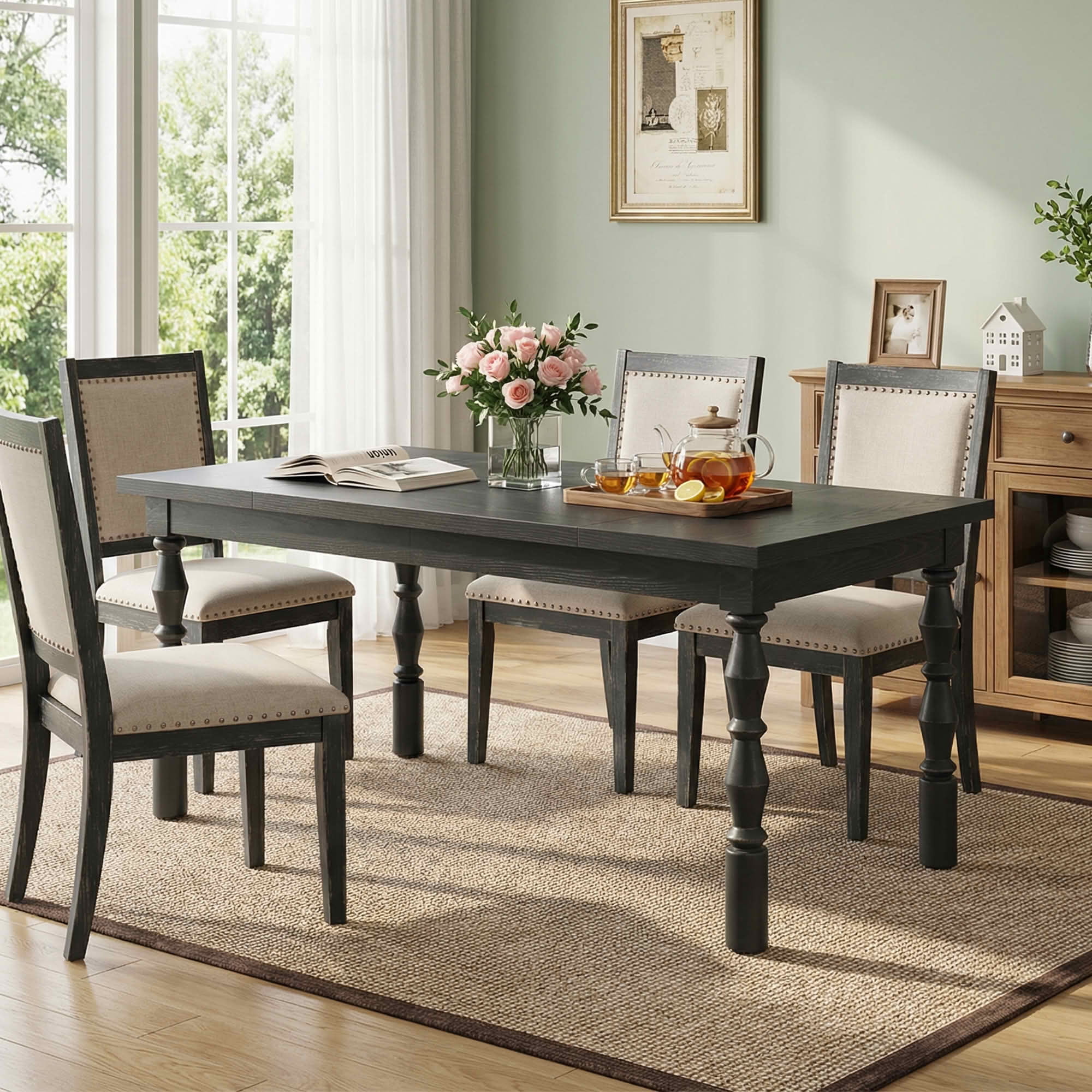 MAYEERTY 62 Inch Rectangular Dining Table, Walnut Kitchen Dinner Table with Carved Turned Legs for 4 to 6 People