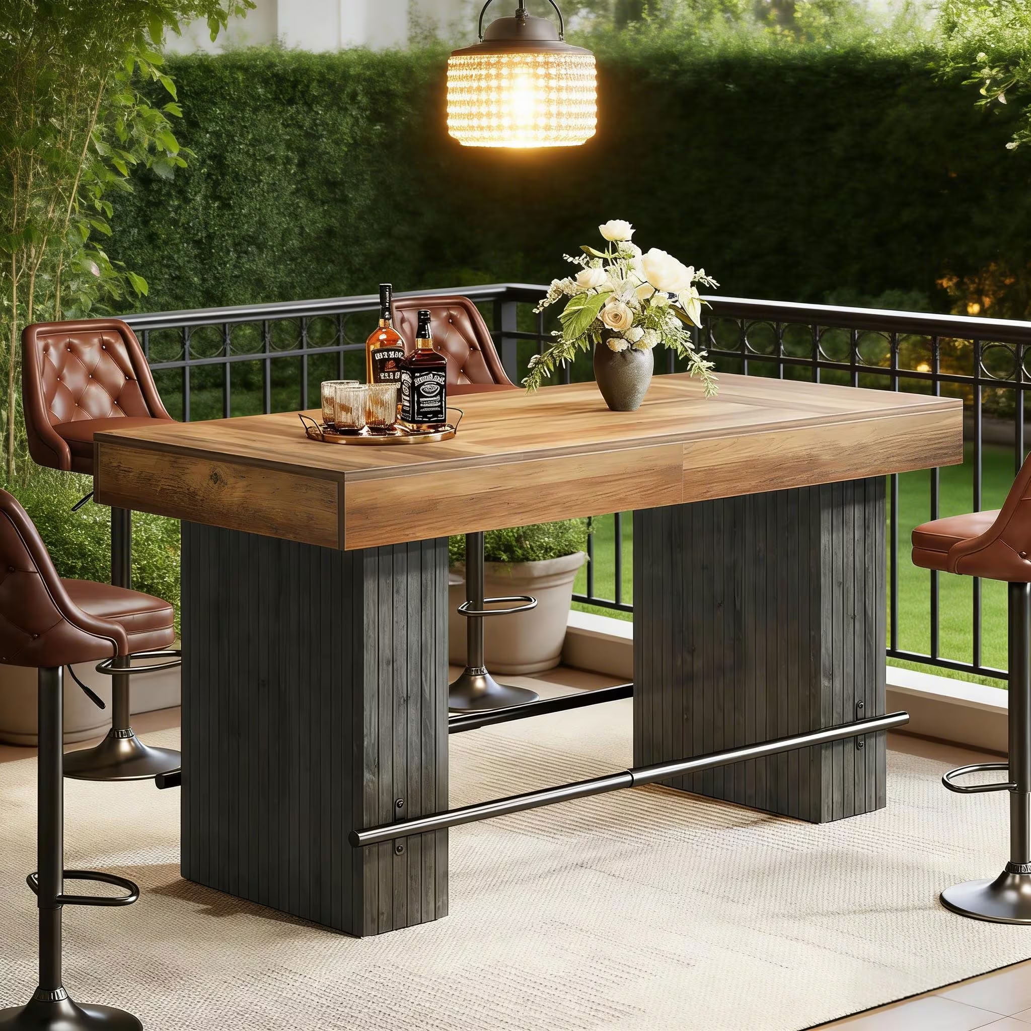 MAYEERTY 62" Industrial Bistro Bar Table, Pub Table with Metal Footrest, Counter Height Table for Home Bar, Kitchen and Living Room