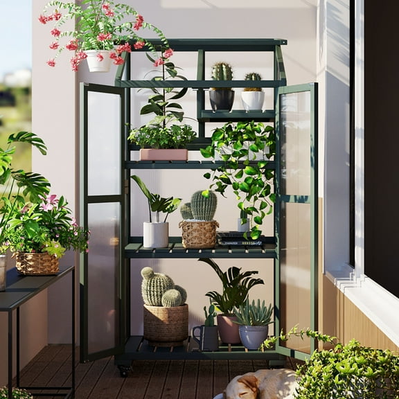 MAYEERTY 62" Tall Outdoor Wood Greenhouse with Wheels – Portable Cold Frame for Balcony, Garden, or Indoor Use with Adjustable Shelves and Roof Vent