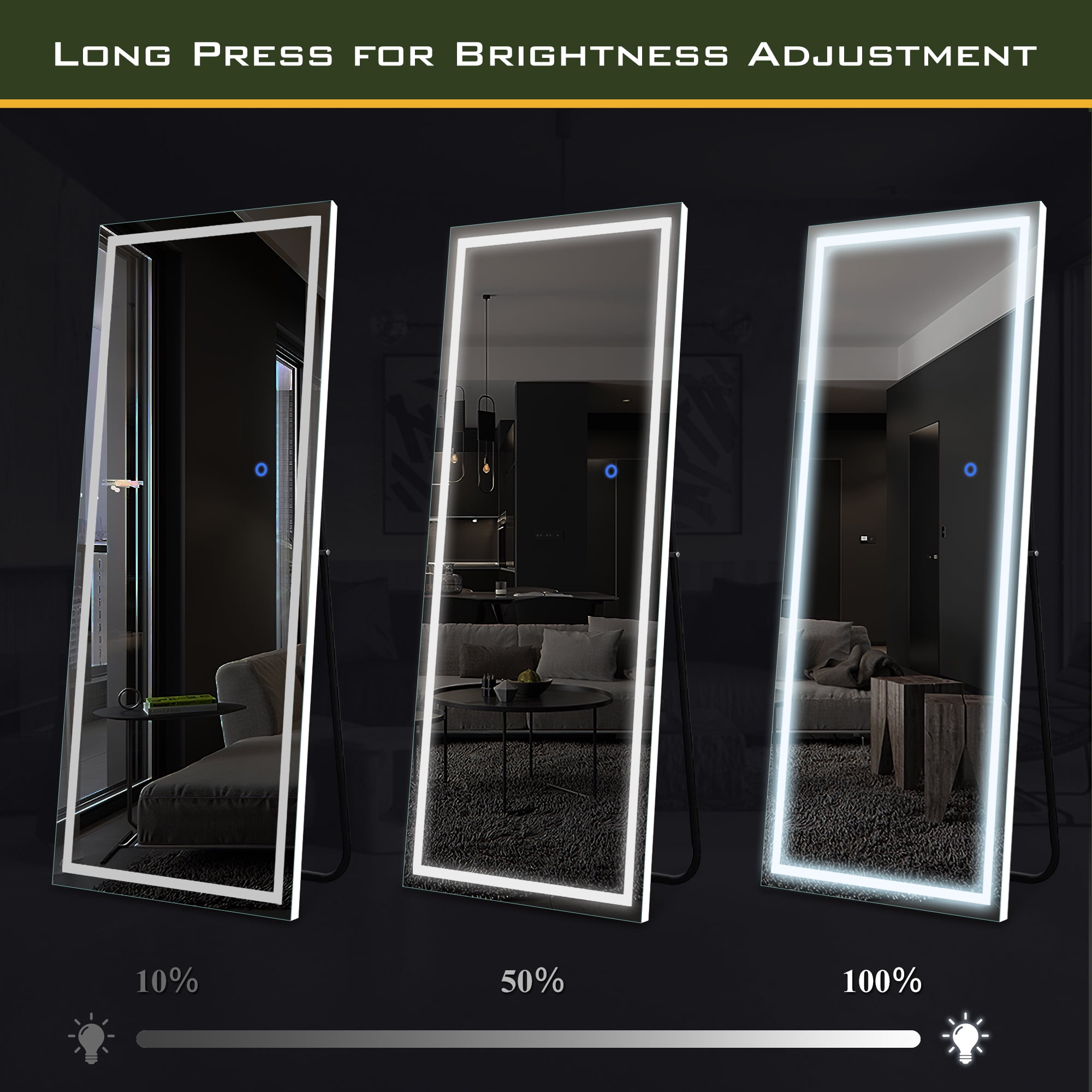 MAYEERTY 63"×20" White LED Aluminum Rectangular Full-Length Mirror Stable Stand for Bedroom