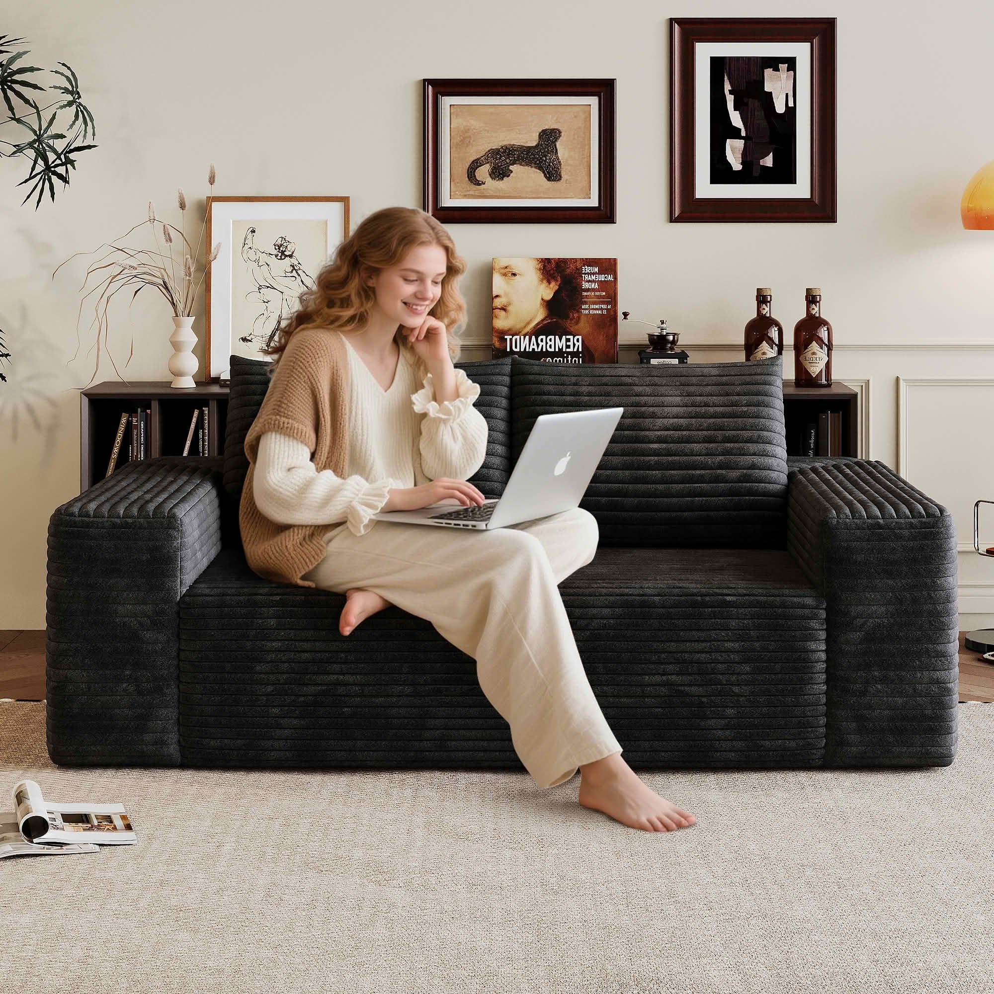 MAYEERTY Modern Black Corduroy 63 Inch 2-Seat Deep Seat Loveseat, Ready-To-Use No Assembly Sofa for Living Room Bedroom Apartment Conference Room