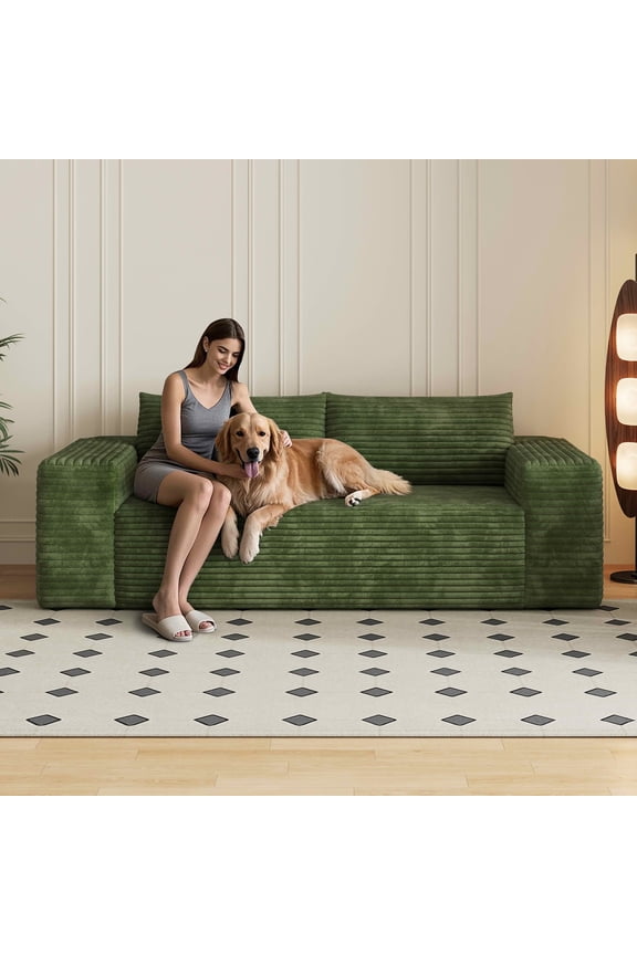 78.8" Green Corduroy 3-Seater Sofa, Ergonomic Deep Seat Loveseat, No Assembly Comfort Couch for Home & Office