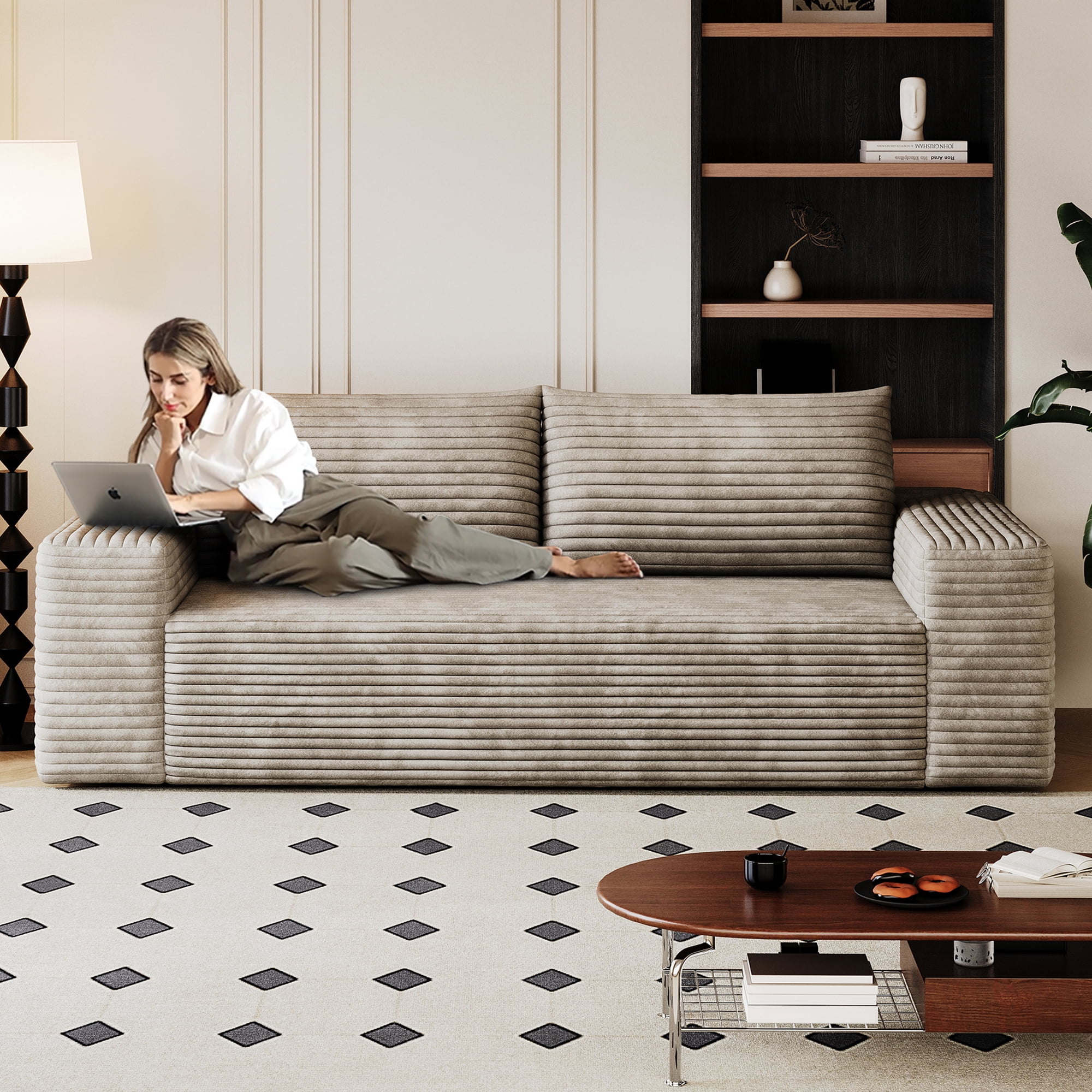MAYEERTY 63" 2-Seater Sofa Camel Corduroy Deep Seat No Assembly Living Room/Bedroom/Conference Room